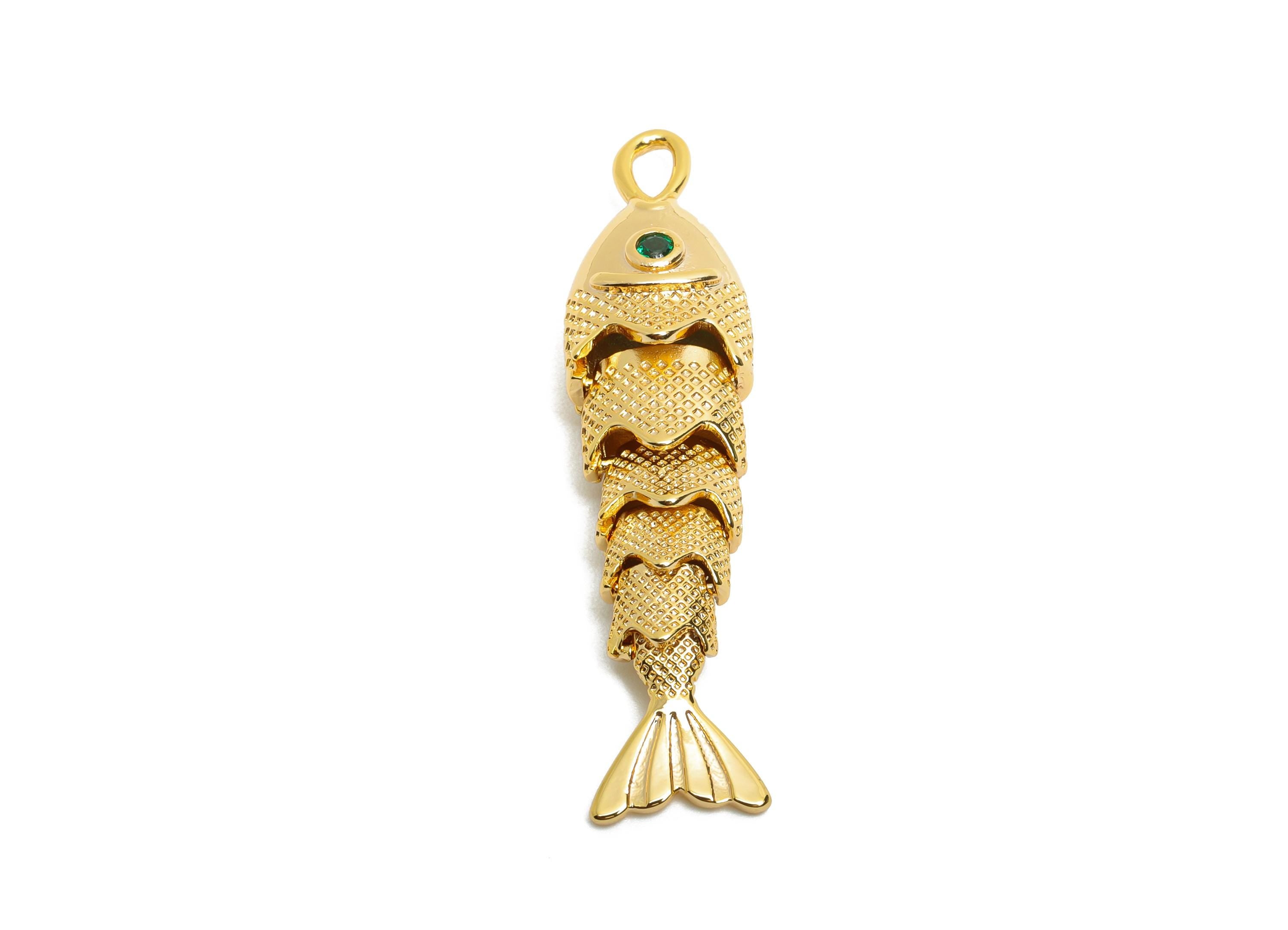 Movable 3D Articulated Fish Charm - Brass Textured Cubic Zircon Flexible Marine Pendant - 18K Real Gold Plated - 40x9.7x7.31mm - RGP10524 - DOMEDBAZAAR