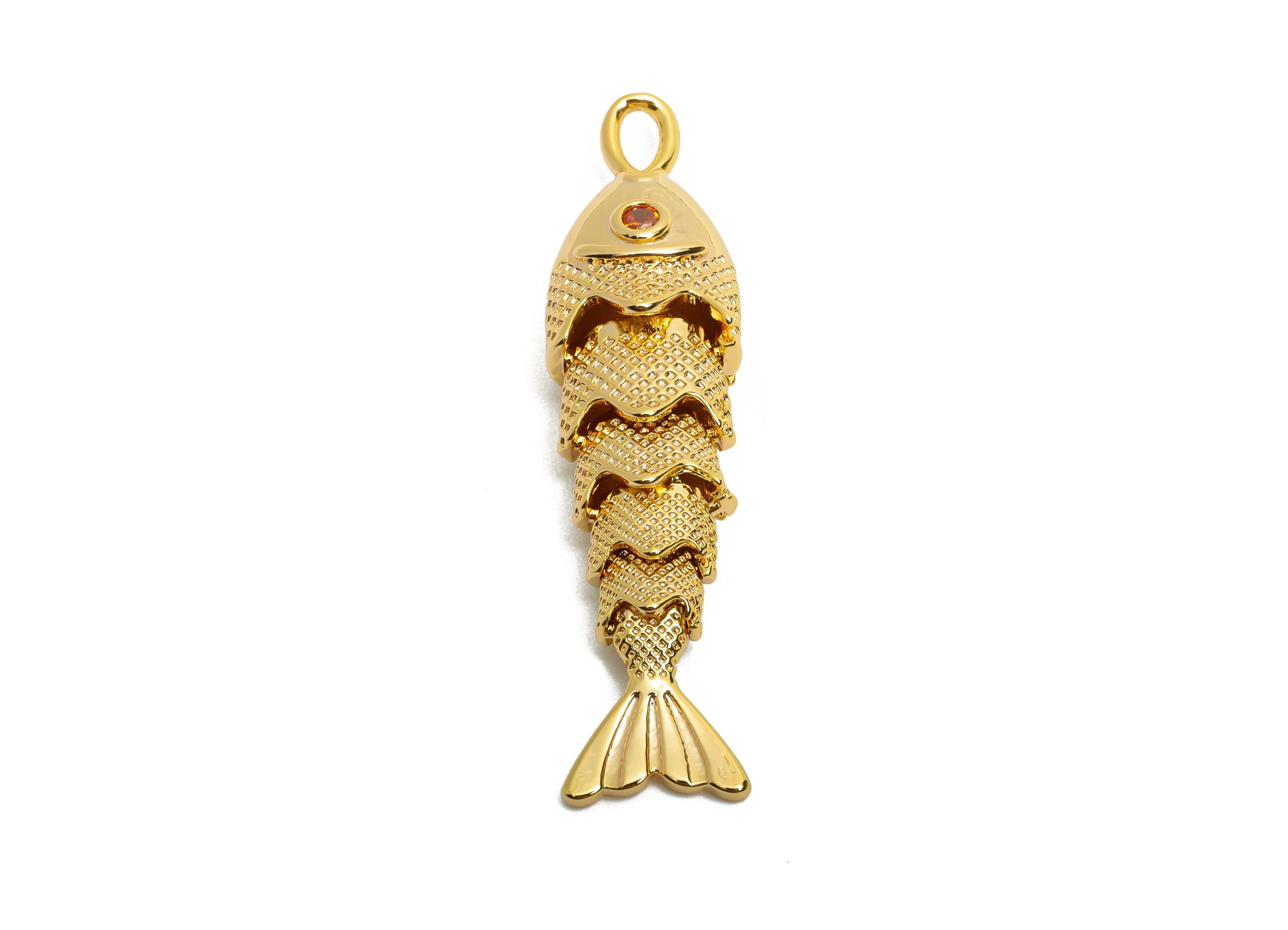 Brass Cloisonne Fish Charm - Zircon Unique Movable Fish Pendant - 3D Handmade Articulated Fish - 18K Real Gold Plated -40x9x7mm -RGP10525 - DOMEDBAZAAR