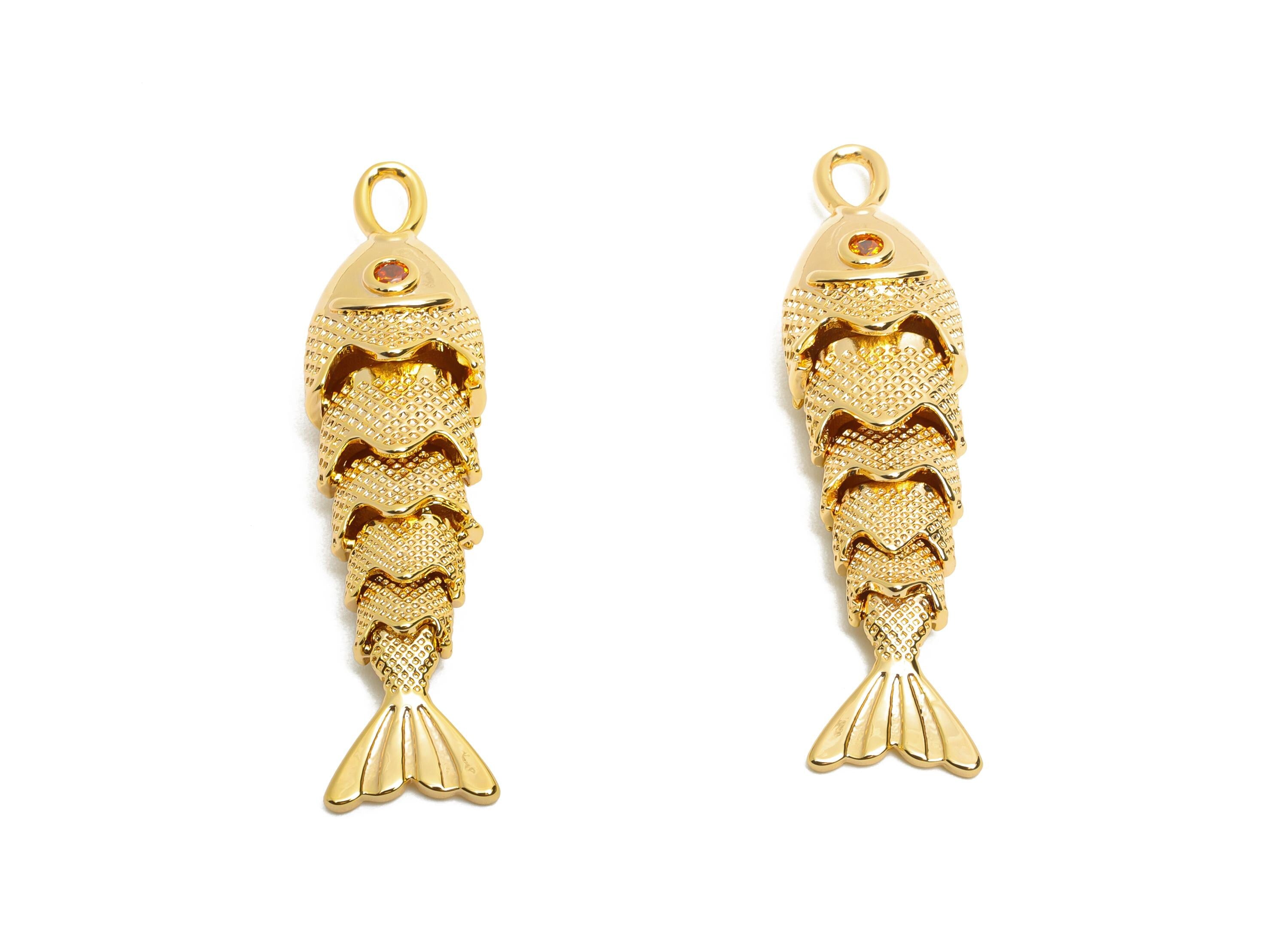 Brass Cloisonne Fish Charm - Zircon Unique Movable Fish Pendant - 3D Handmade Articulated Fish - 18K Real Gold Plated -40x9x7mm -RGP10525 - DOMEDBAZAAR