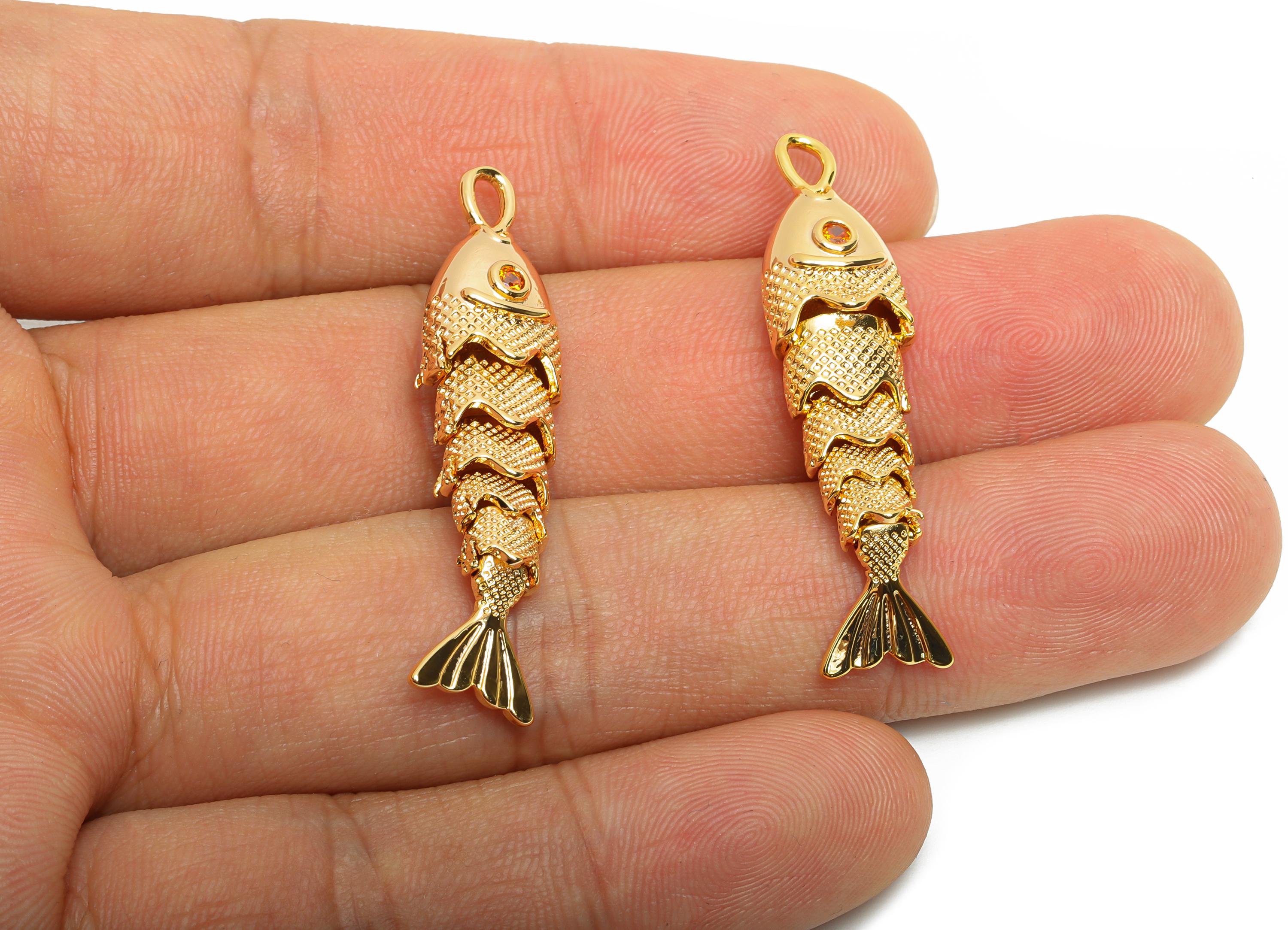 Brass Cloisonne Fish Charm - Zircon Unique Movable Fish Pendant - 3D Handmade Articulated Fish - 18K Real Gold Plated -40x9x7mm -RGP10525 - DOMEDBAZAAR