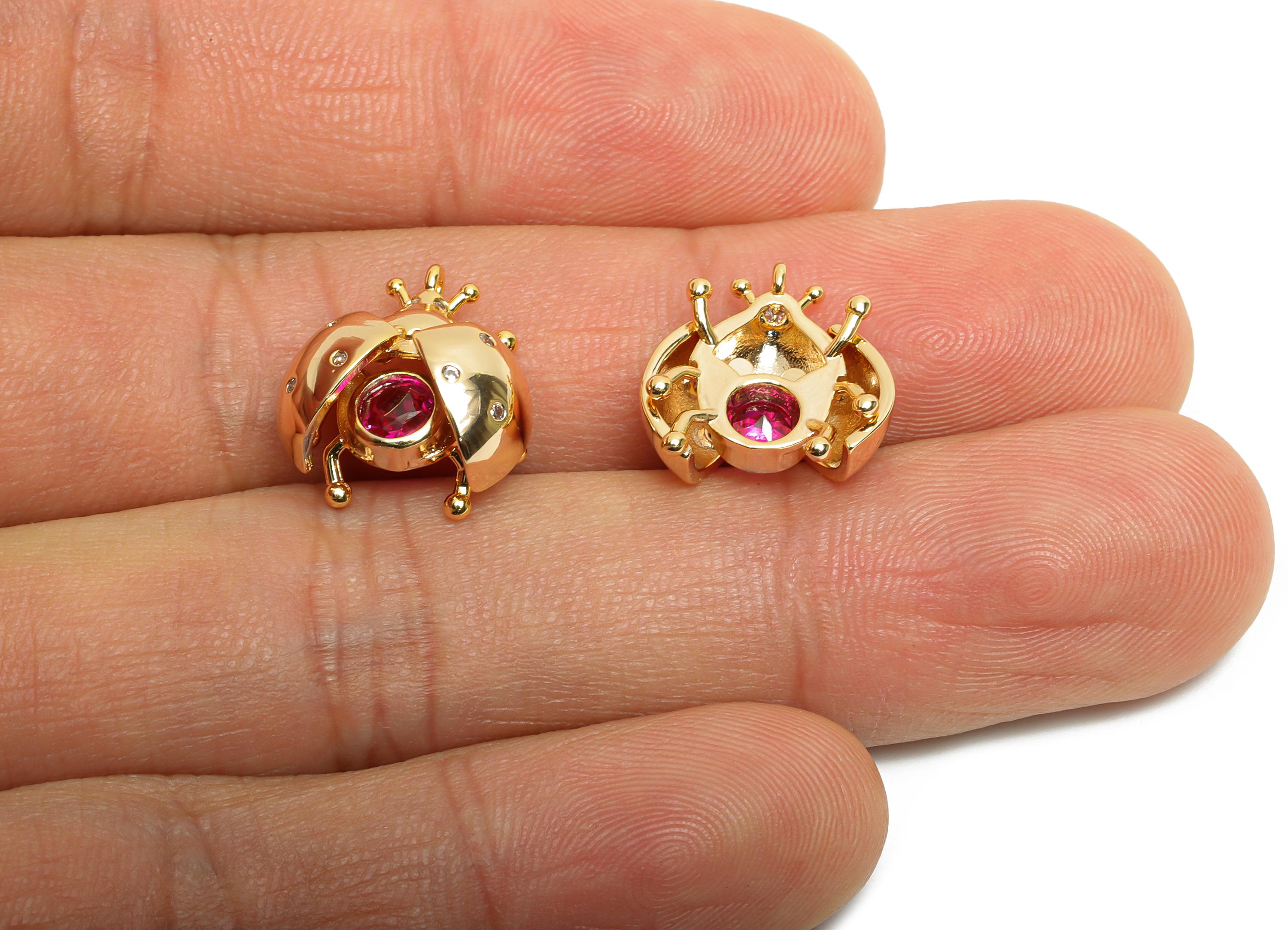 Gold Beetle Charm - Brass Openable Beetle Pendant - Zircon Sparking Pink Hollow Ladybug Pendant - 18K Real Gold Plated - 14x12x6mm-RGP10503 - DOMEDBAZAAR