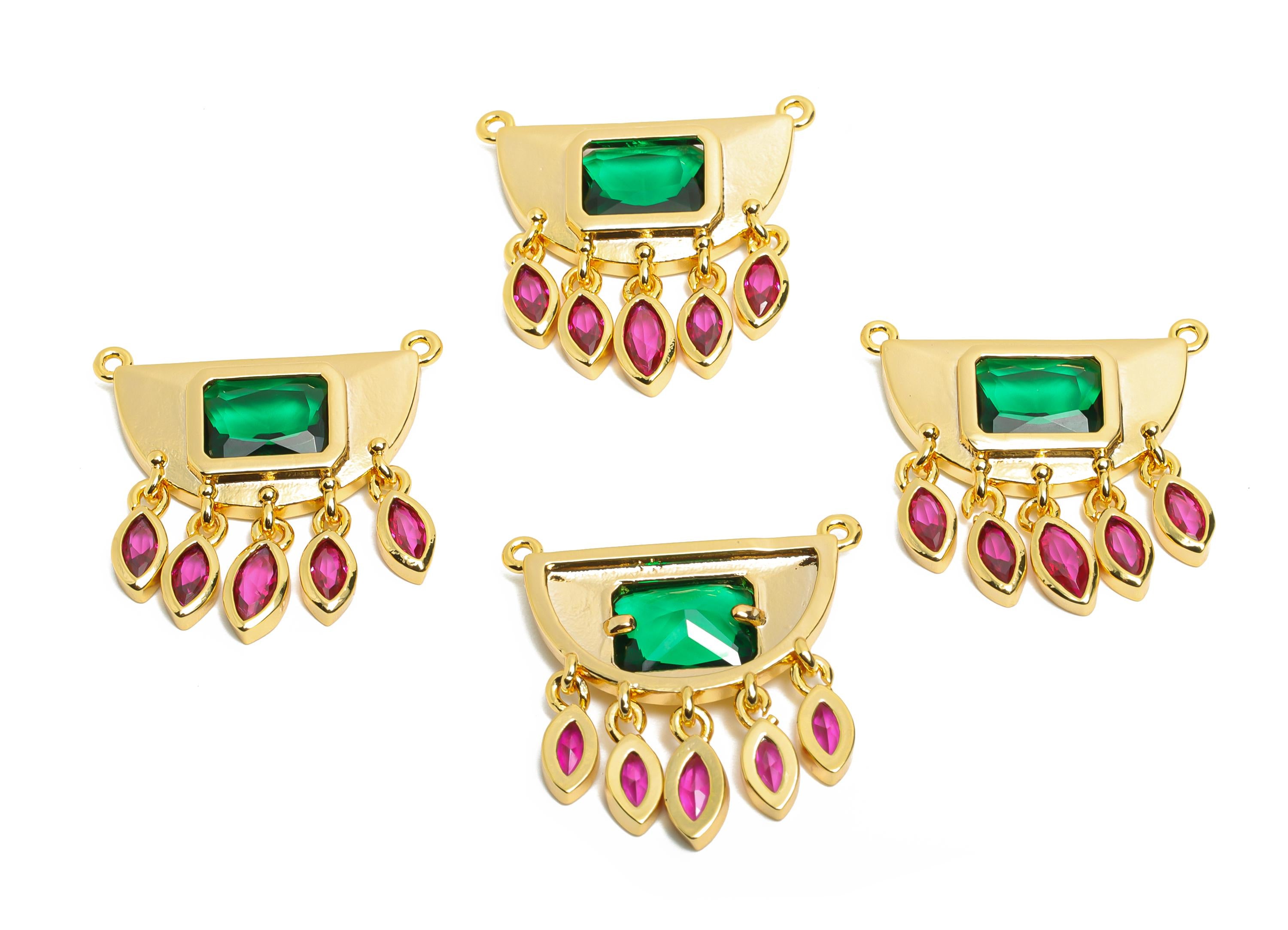 Brass Geometric Crystal Charms - Dangling Green and Pink Charm - Fashionable Drop Charm - 18K Real Gold Plated - 22x22x3.09mm - RGP10465 - DOMEDBAZAAR