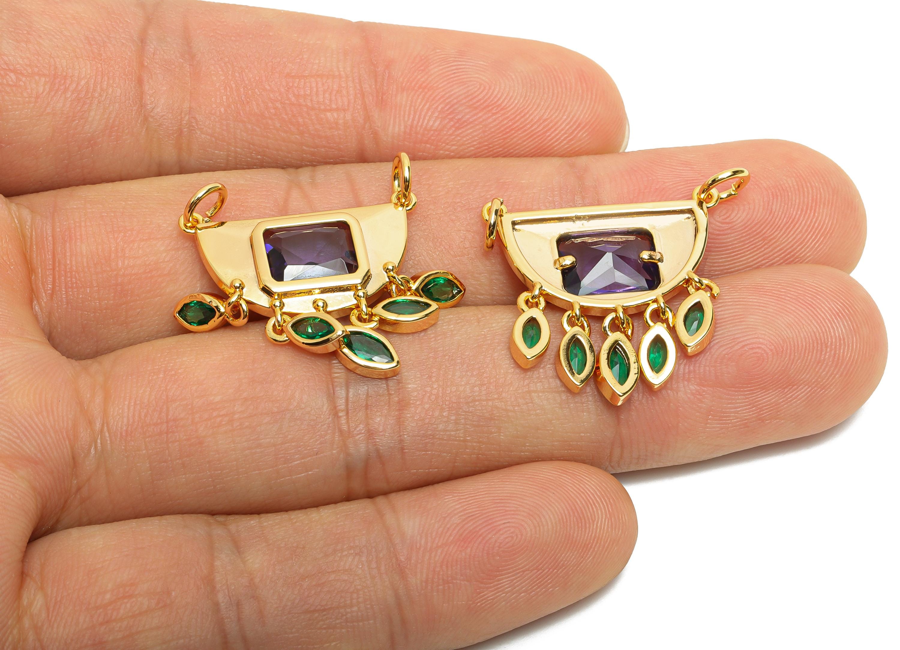 Brass Geometric Crystal Charms - Dangling Purple and Pink Charm - Fashionable Drop Charm - 18K Real Gold Plated - 22x22x3.09mm - RGP10464 - DOMEDBAZAAR