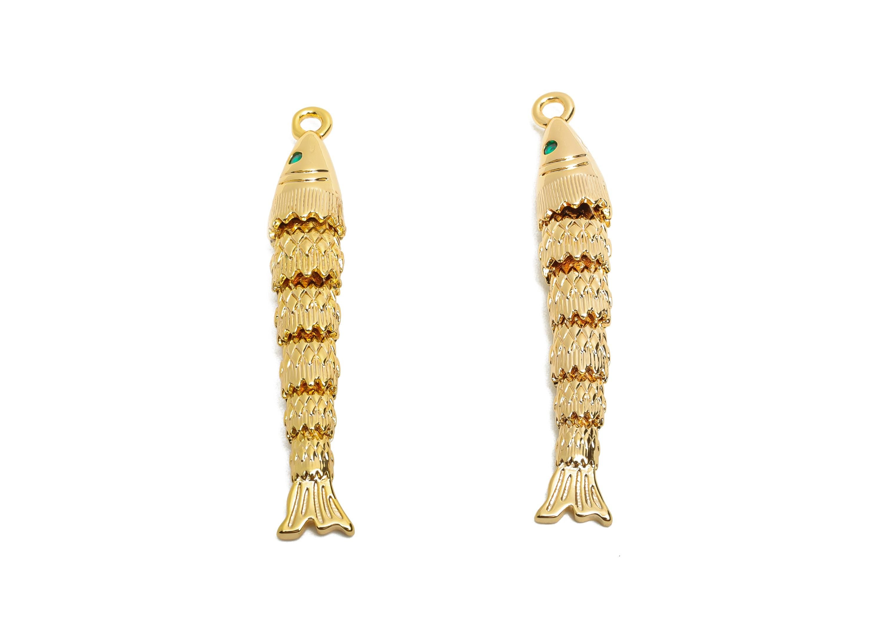 Gold Brass Cloisonne Fish Charm - Unique Movable Fish Pendant - CZ Handmade Articulated Fish - 18K Real Gold Plated - 49x7.6x6mm - RGP10532 - DOMEDBAZAAR