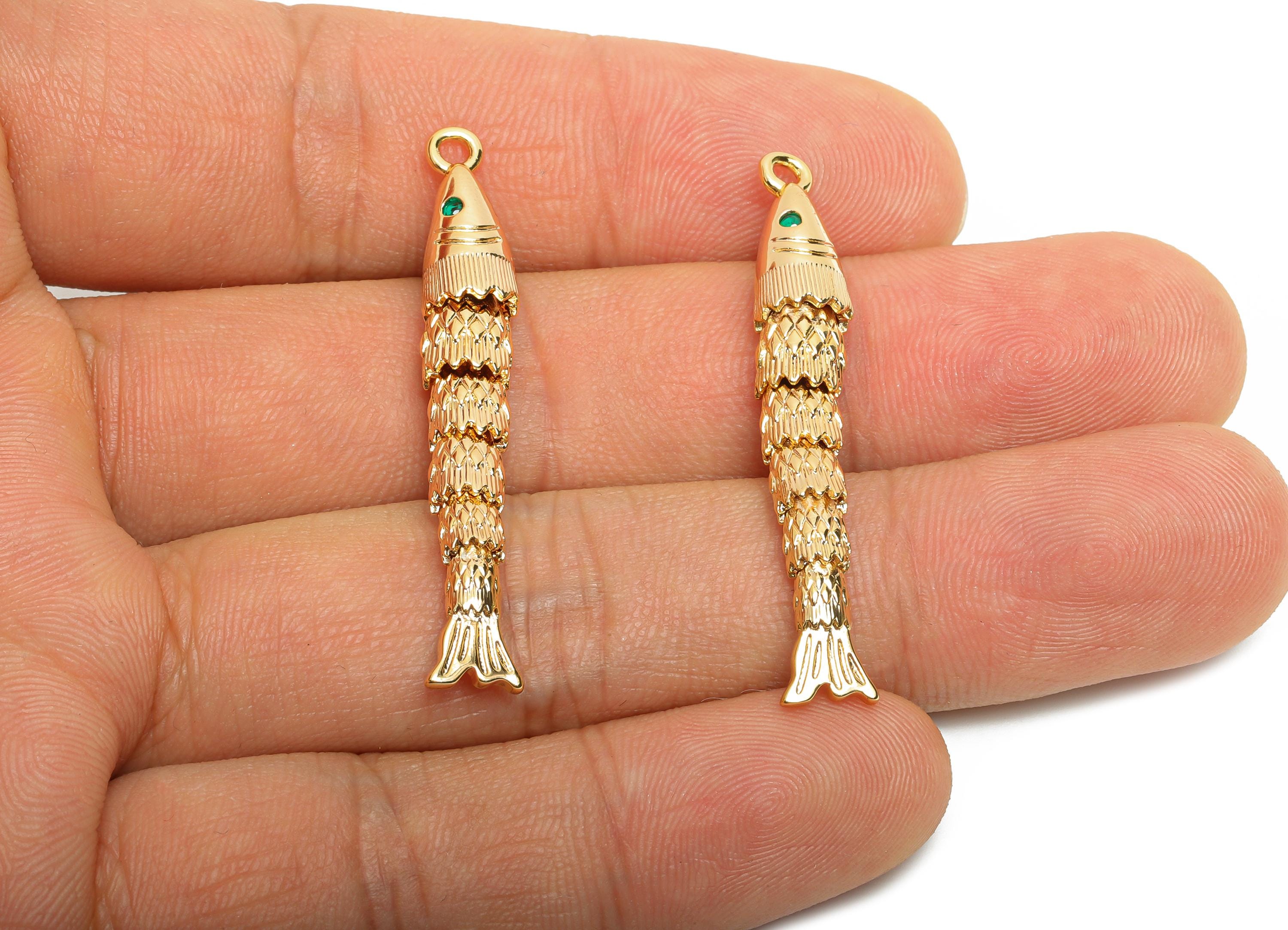 Gold Brass Cloisonne Fish Charm - Unique Movable Fish Pendant - CZ Handmade Articulated Fish - 18K Real Gold Plated - 49x7.6x6mm - RGP10532 - DOMEDBAZAAR