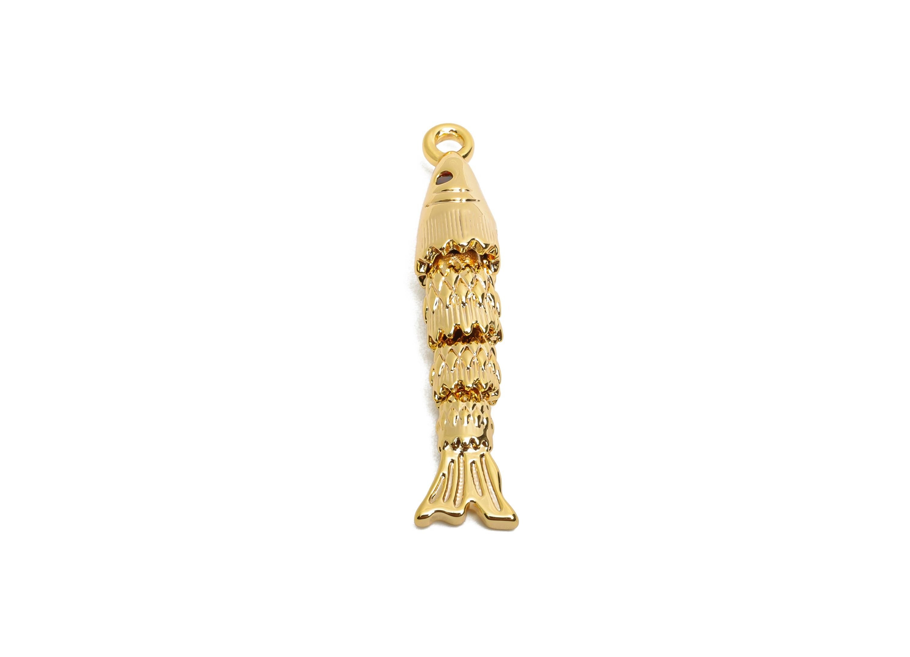 Movable 3D Articulated Fish Charm - Brass Textured Cubic Zircon Flexible Marine Pendant - 18K Real Gold Plated - 30x5.65x5.84mm - RGP10527 - DOMEDBAZAAR