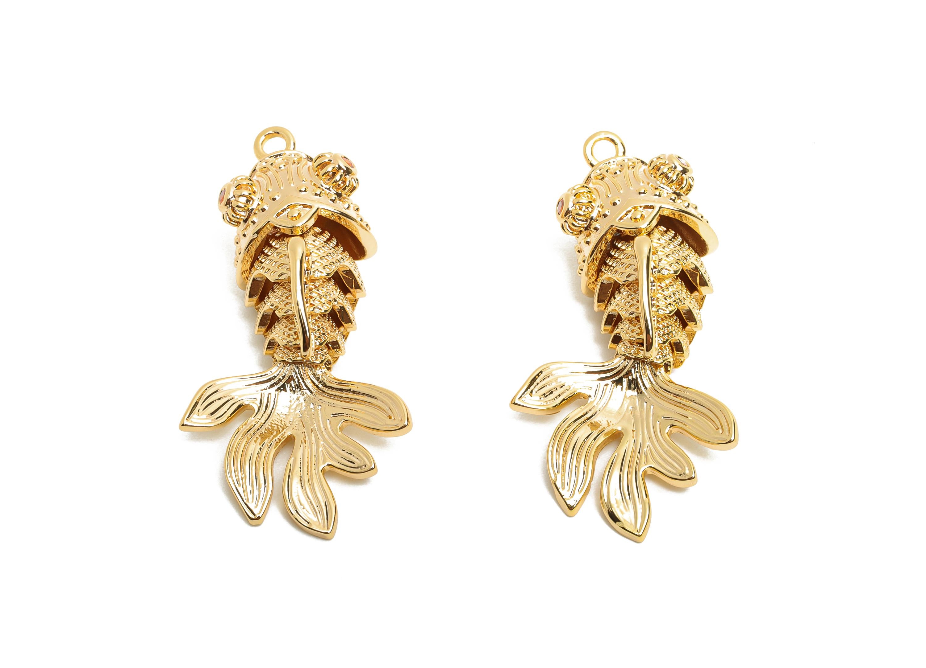 Dainty Goldfish Charms - Brass Movable Fish Pendant - CZ Handmade Articulated Fish - 18K Real Gold Plated - 36.33x17.8x12.23mm - RGP10512 - DOMEDBAZAAR