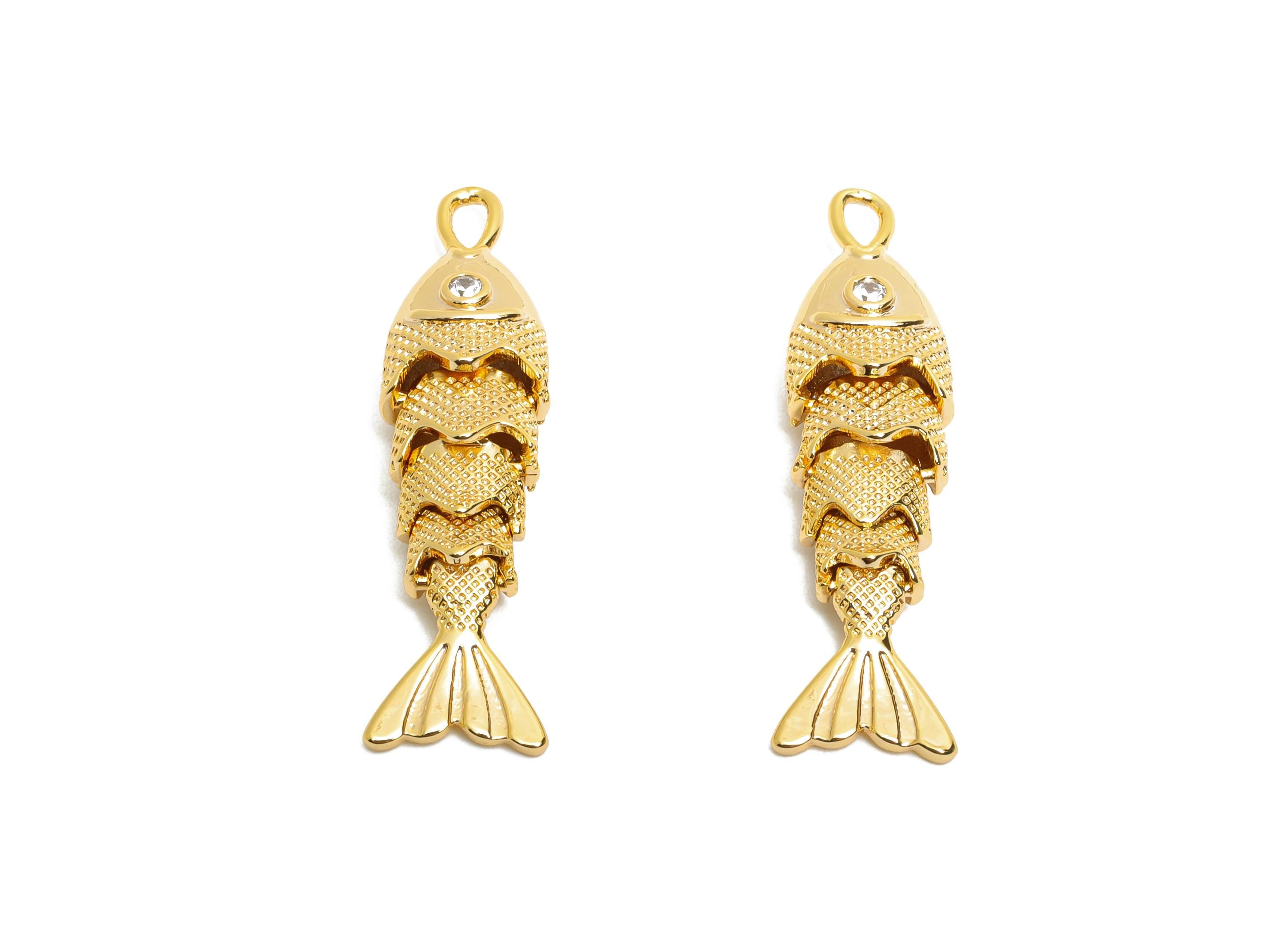 Movable 3D Articulated Fish Charms - Brass Textured Cubic Zircon Flexible Marine Pendant - 18K Real Gold Plated - 32.9x8.54x6mm - RGP10520 - DOMEDBAZAAR