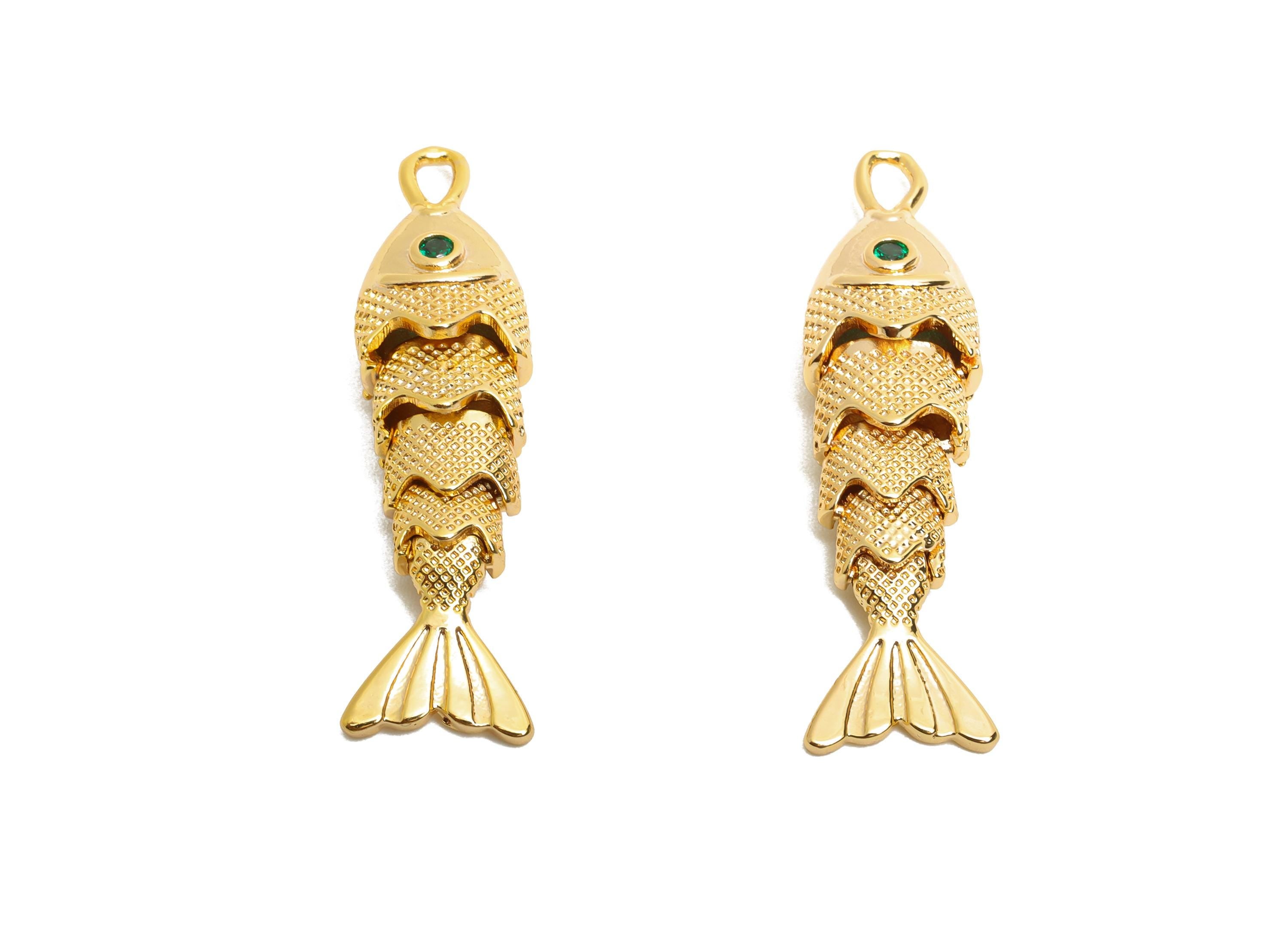 Gold Movable Fish Charms - Dainty Articulated Brass Fish Pendant - CZ Handmade Fish Jewelry - 18K Gold Plating - 32.9x8.54x6.14mm - RGP10521 - DOMEDBAZAAR