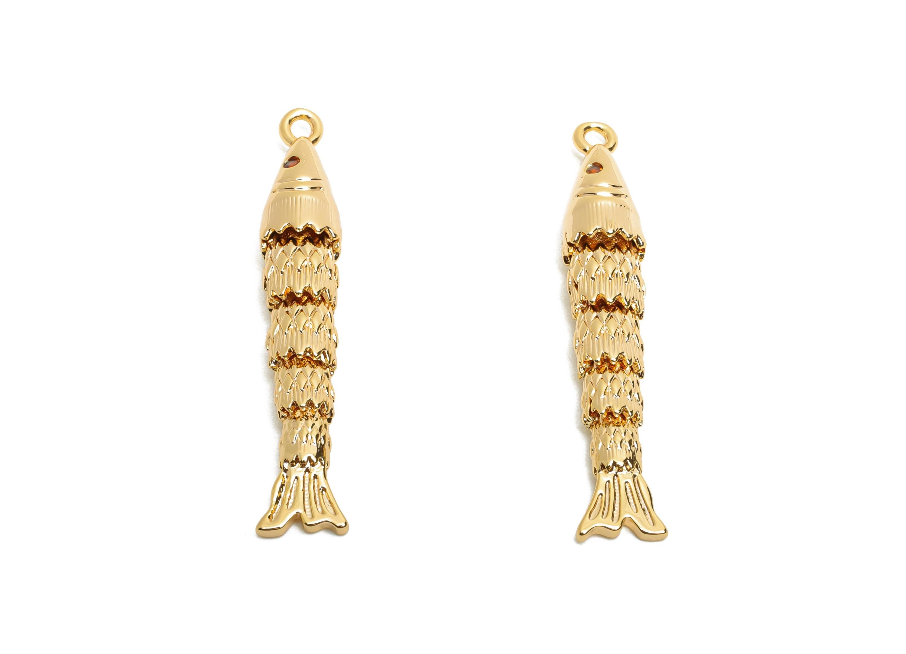 Movable 3D Articulated Fish Charms - Brass Textured Cubic Zircon Flexible Marine Pendant - 18K Real Gold Plated - 36x6.4x5.55mm - RGP10529 - DOMEDBAZAAR
