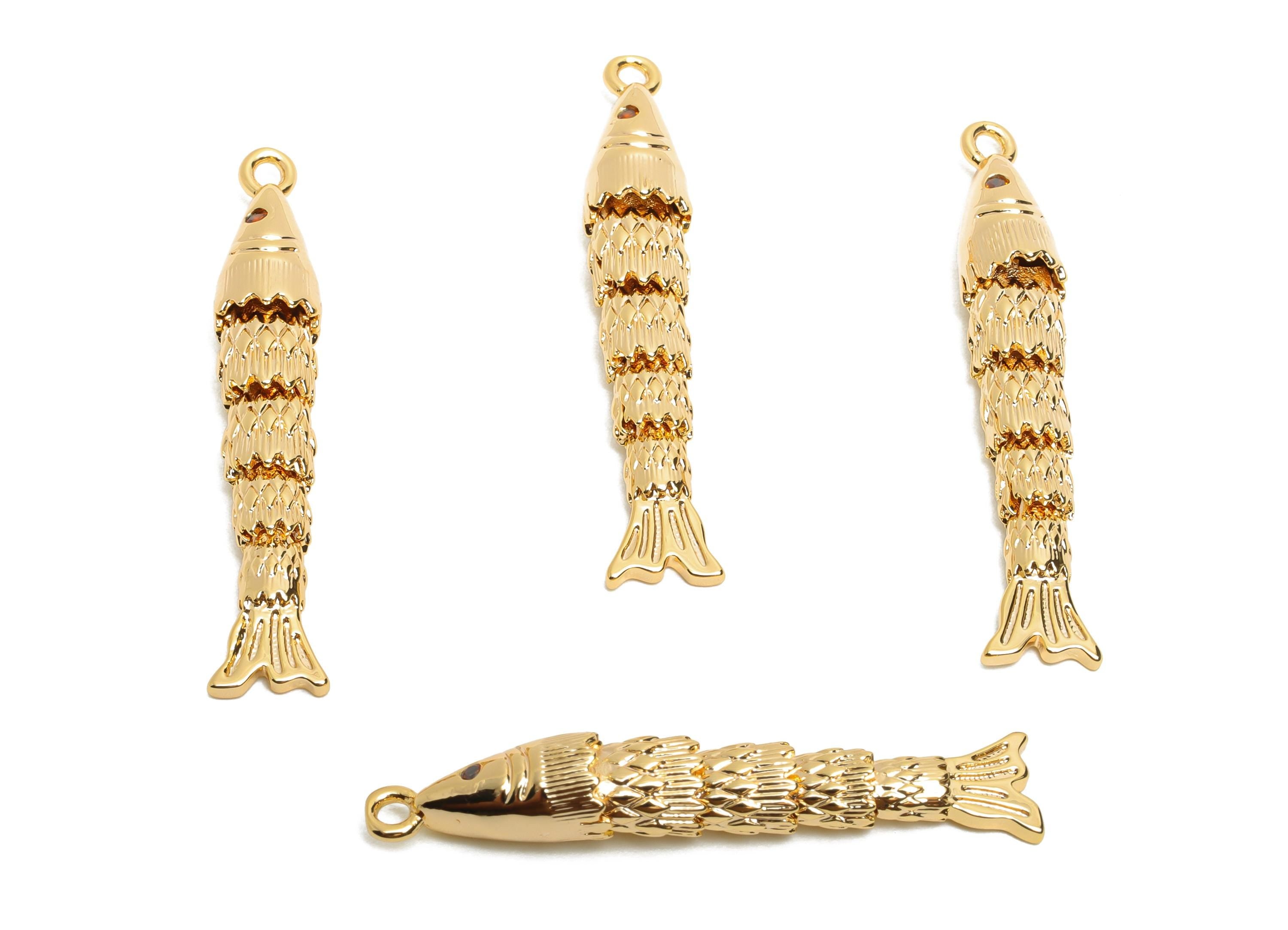 Movable 3D Articulated Fish Charms - Brass Textured Cubic Zircon Flexible Marine Pendant - 18K Real Gold Plated - 36x6.4x5.55mm - RGP10529 - DOMEDBAZAAR