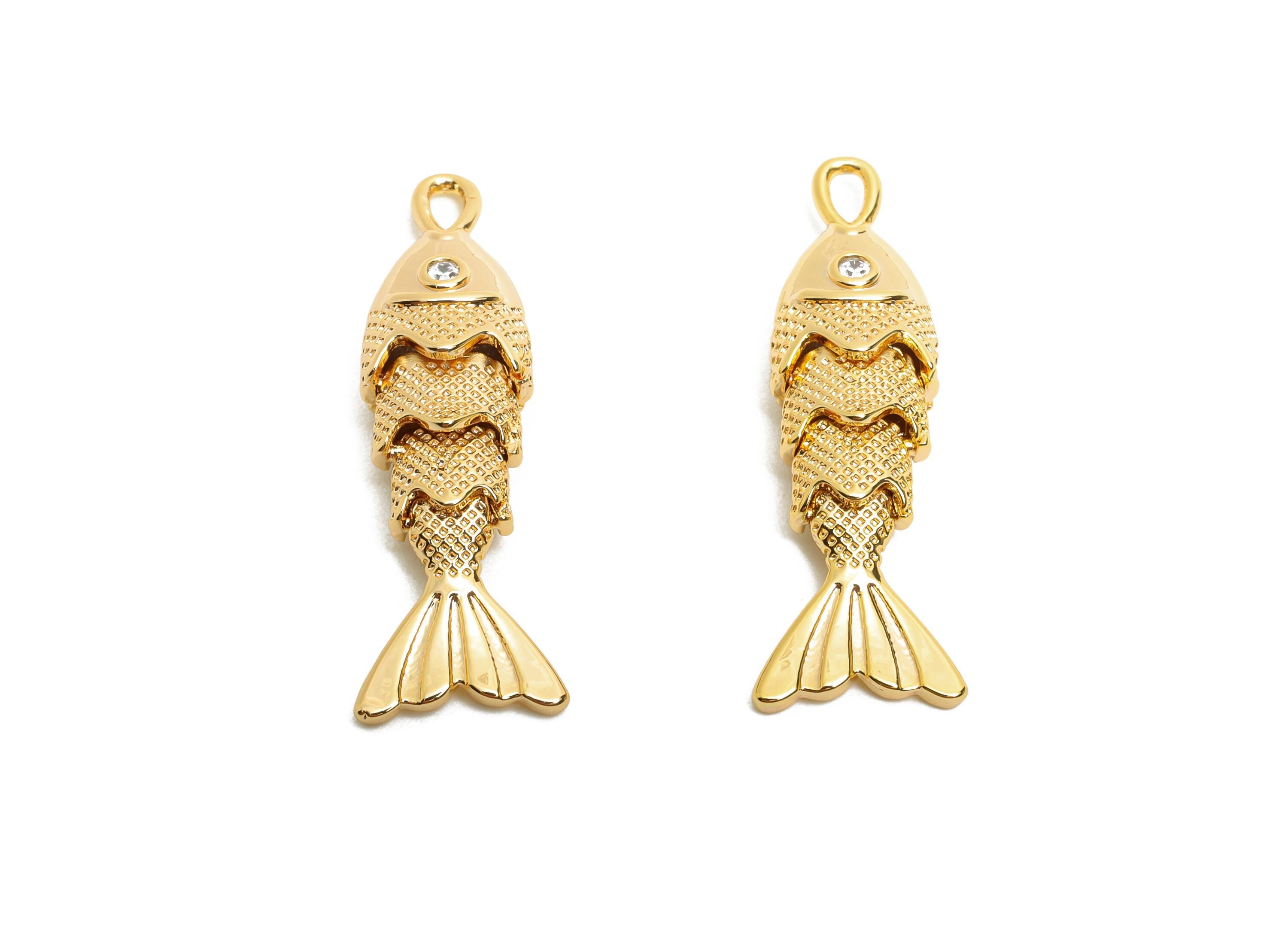 Movable 3D Articulated Fish Charms - Brass Textured Cubic Zircon Flexible Marine Pendant - 18K Real Gold Plated - 26.7x9.03x5mm - RGP10517 - DOMEDBAZAAR