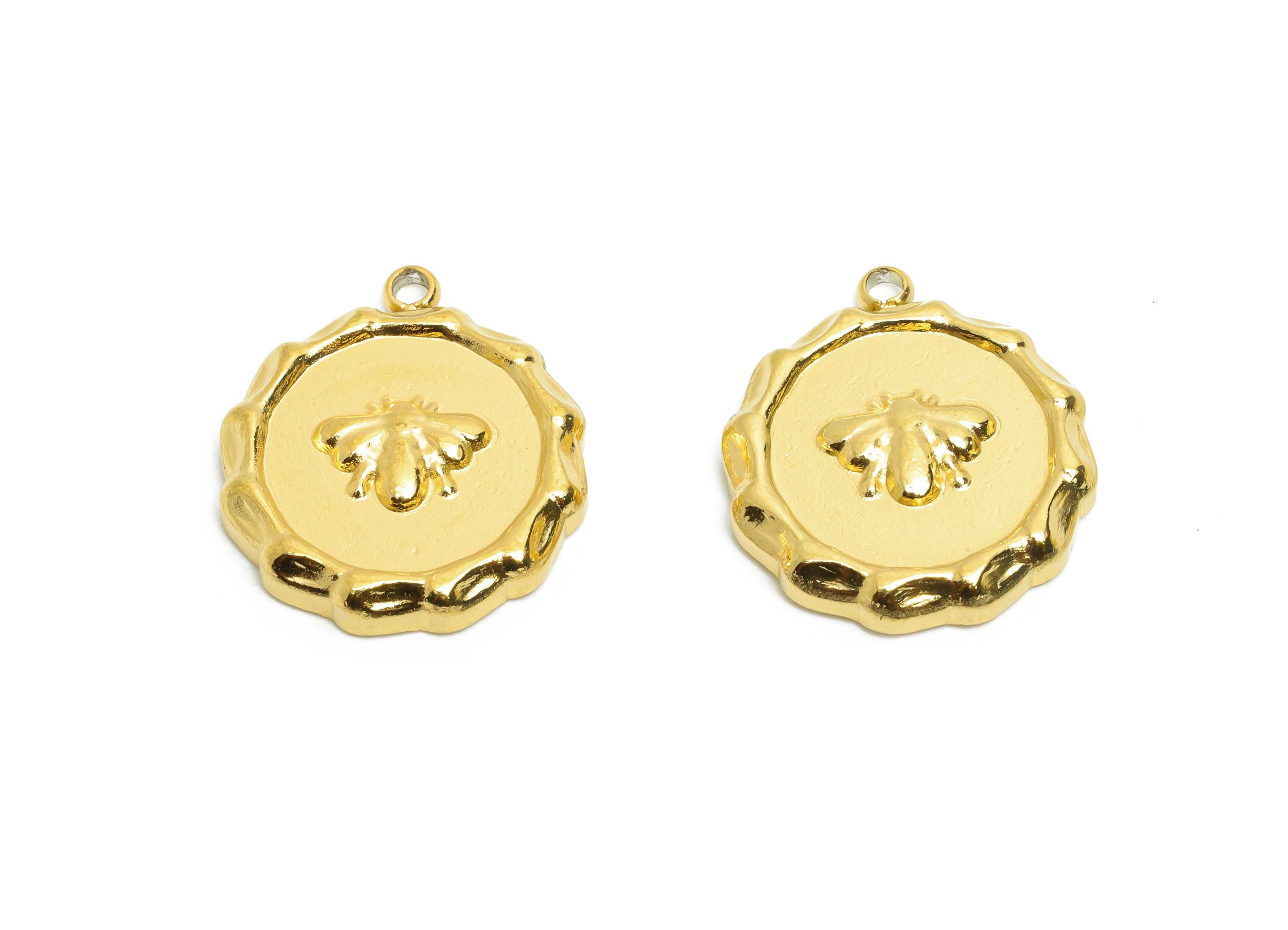 Stainless Steel Bee Charms - Textured Circle Insect Necklace Pendant - 316L Stainless Steel - Steel Findings - 17.48x15.04x3.04mm - SS1645 - DOMEDBAZAAR