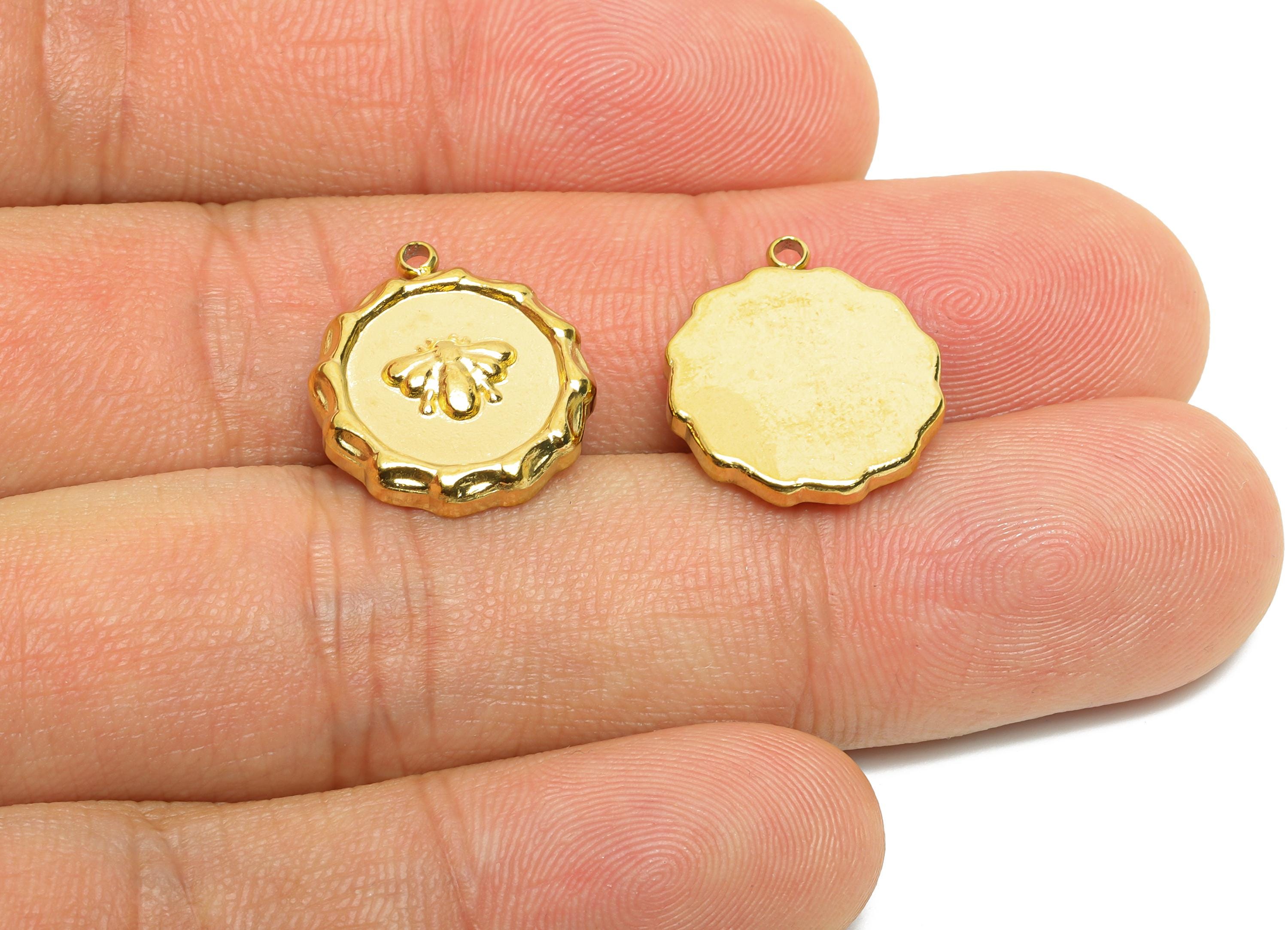 Stainless Steel Bee Charms - Textured Circle Insect Necklace Pendant - 316L Stainless Steel - Steel Findings - 17.48x15.04x3.04mm - SS1645 - DOMEDBAZAAR