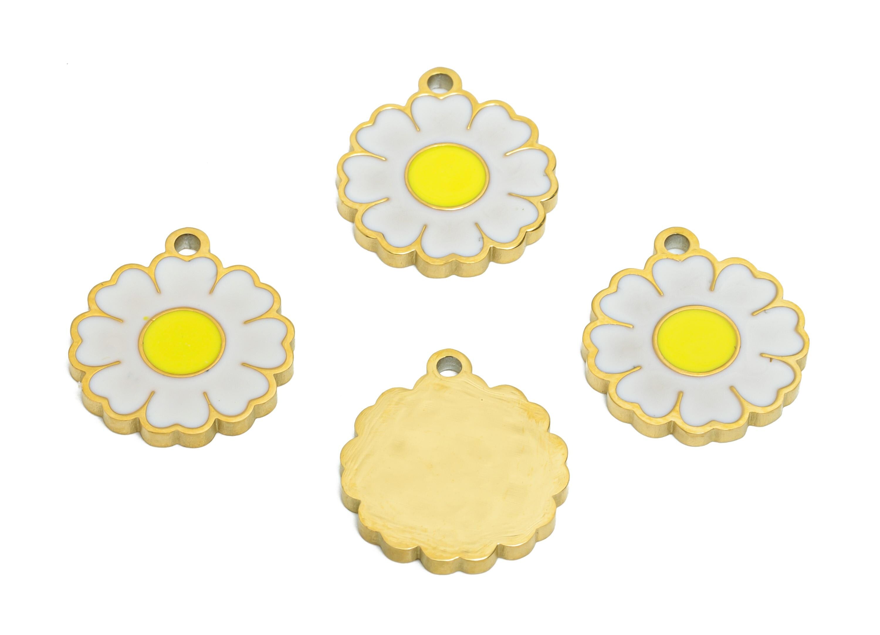 Stainless Steel Daisy Charm - Enamel Flower Botanical Bracelet Charm - 316L Stainless Steel - Minimalist Jewelry - 13.8x12.2x1.35mm - SS1619 - DOMEDBAZAAR