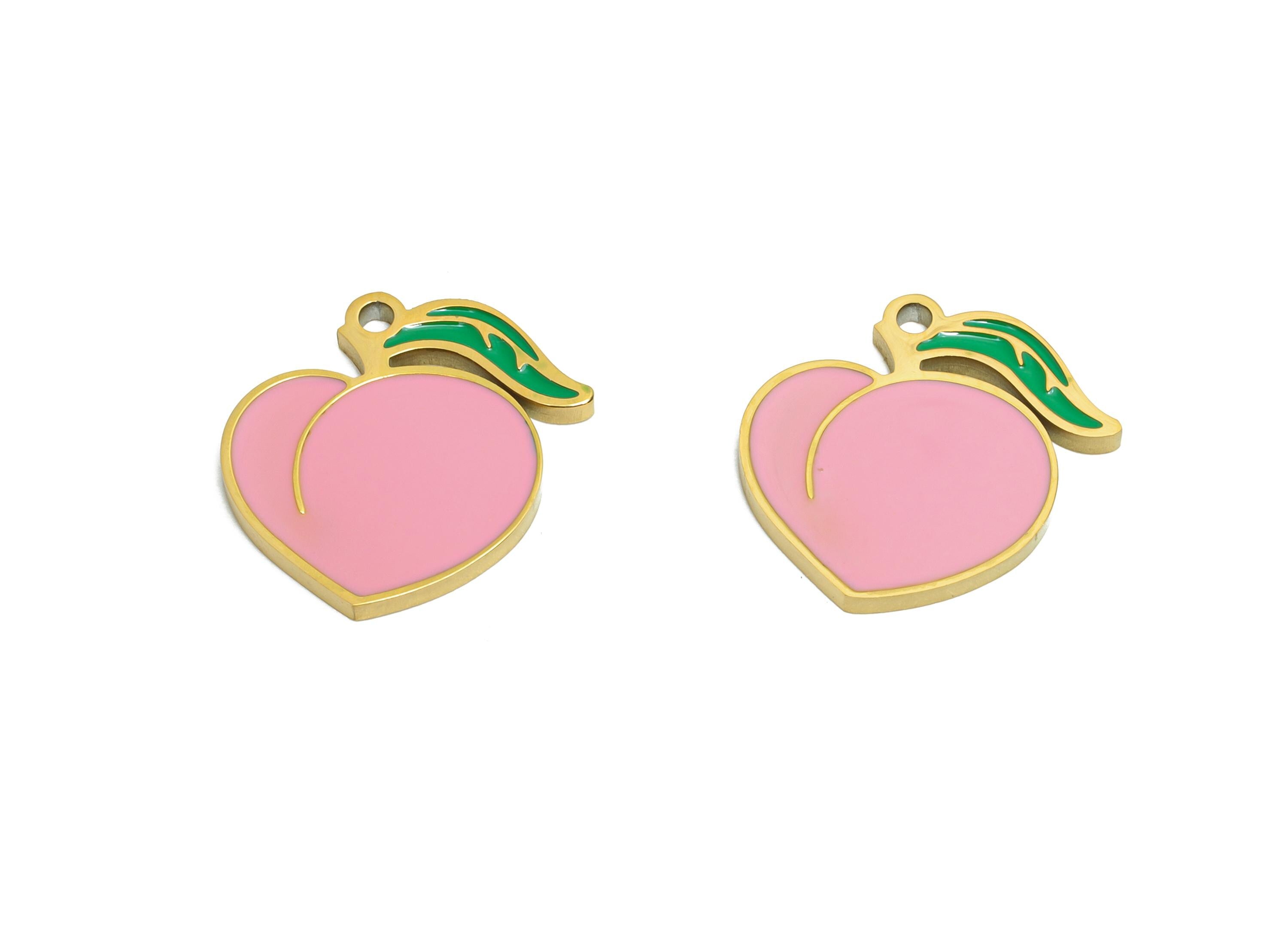Stainless Steel Peach Charms - Enamel Peach  Pink And Green Charm - 316L Stainless Steel - Sweet Peach Jewelry Piece - 14x15x1.4mm - SS1661 - DOMEDBAZAAR