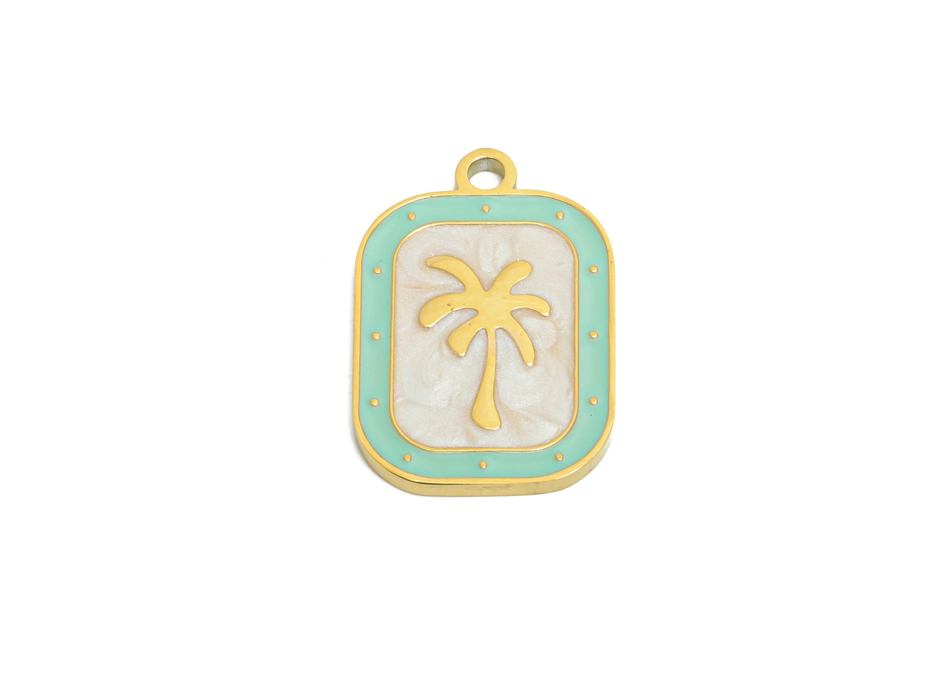 Stainless Steel Tree Charms - Enamel Palm Tree Pendant - Minimalist Tropical Jewelry - Beach Vibes Jewelry Piece -19.67x13.1x1.39mm - SS1663 - DOMEDBAZAAR