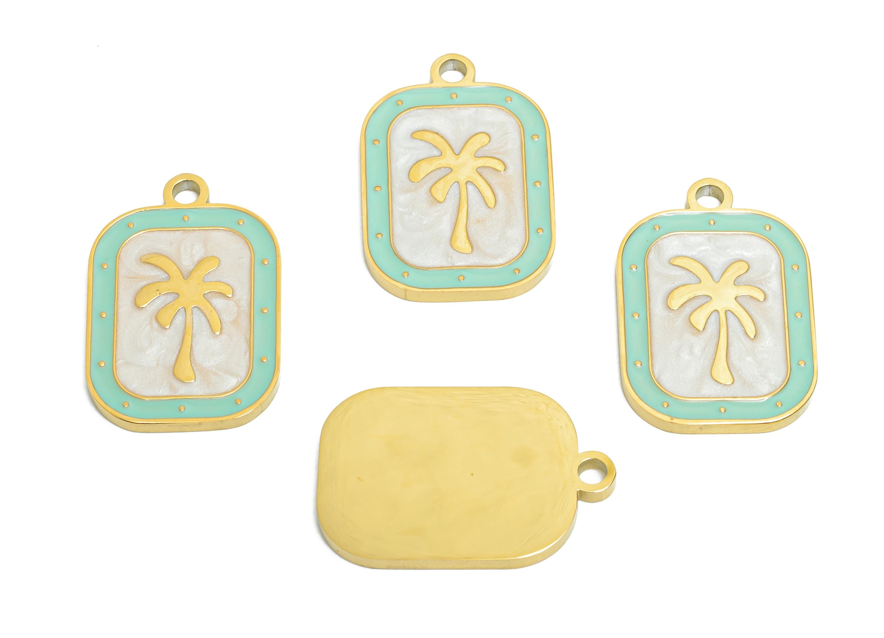 Stainless Steel Tree Charms - Enamel Palm Tree Pendant - Minimalist Tropical Jewelry - Beach Vibes Jewelry Piece -19.67x13.1x1.39mm - SS1663 - DOMEDBAZAAR