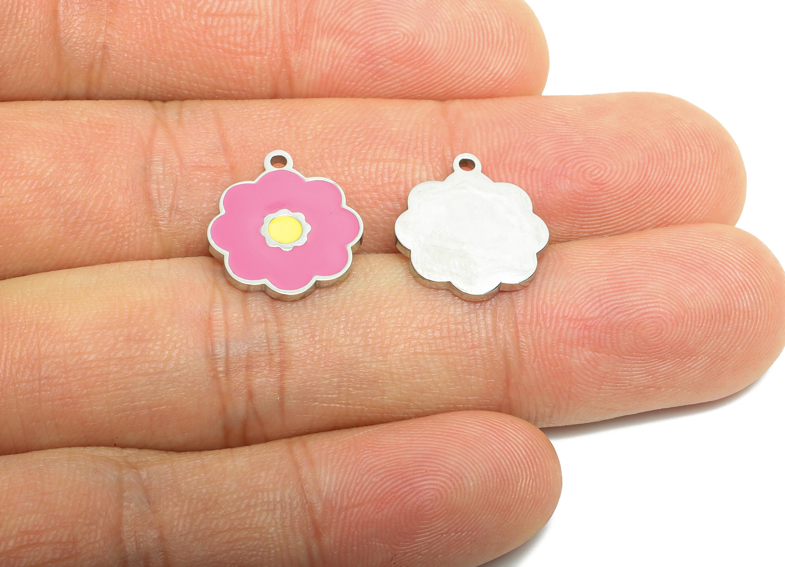 Stainless Steel Daisy Charms - Enamel Pink Flower Pendant - Bright Pink Enamel Charm - Whimsical Jewelry Accessory - 16.24x14x1mm - SS1634 - DOMEDBAZAAR