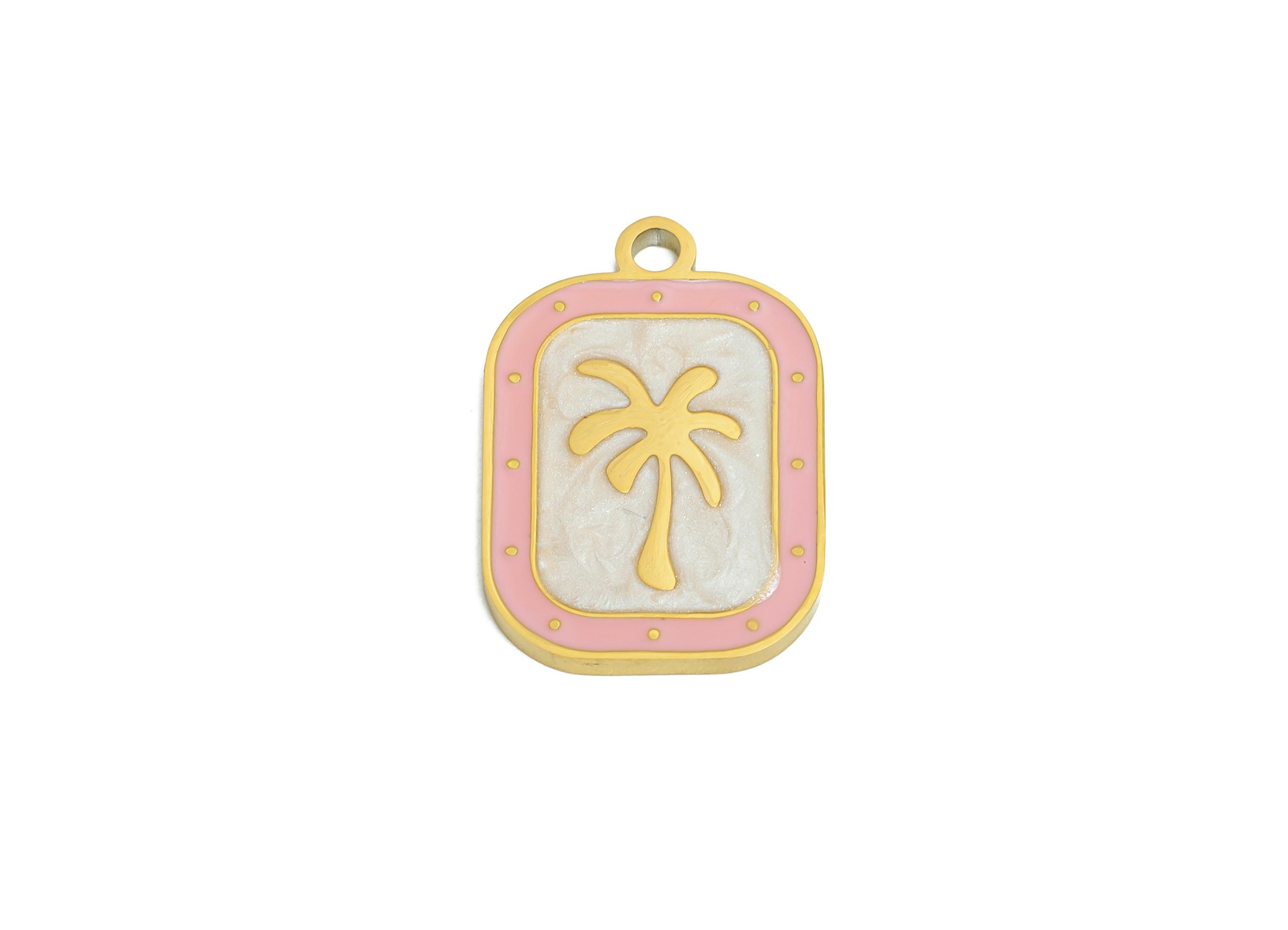 Stainless Steel Tree Charms - Enamel Palm Tree Pendant - Minimalist Tropical Jewelry - Beach Vibes Jewelry Piece - 19x13x1.36mm - SS1660 - DOMEDBAZAAR