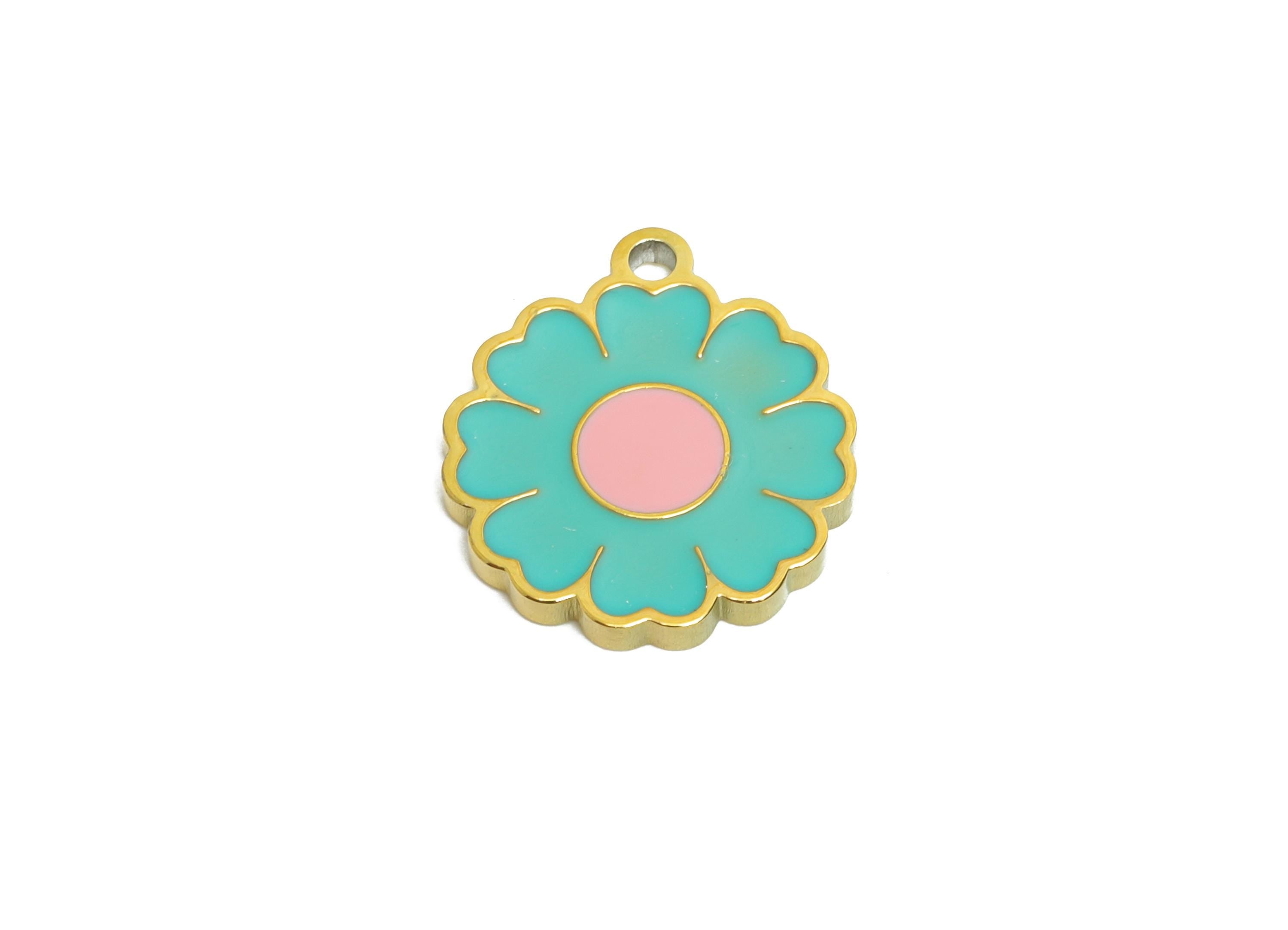 Stainless Steel Daisy Charm - Enamel Flower Botanical Charm for Bracelet - 316L Stainless Steel - Steel Jewelry - 13.8x12.26x1.38mm - SS1622 - DOMEDBAZAAR