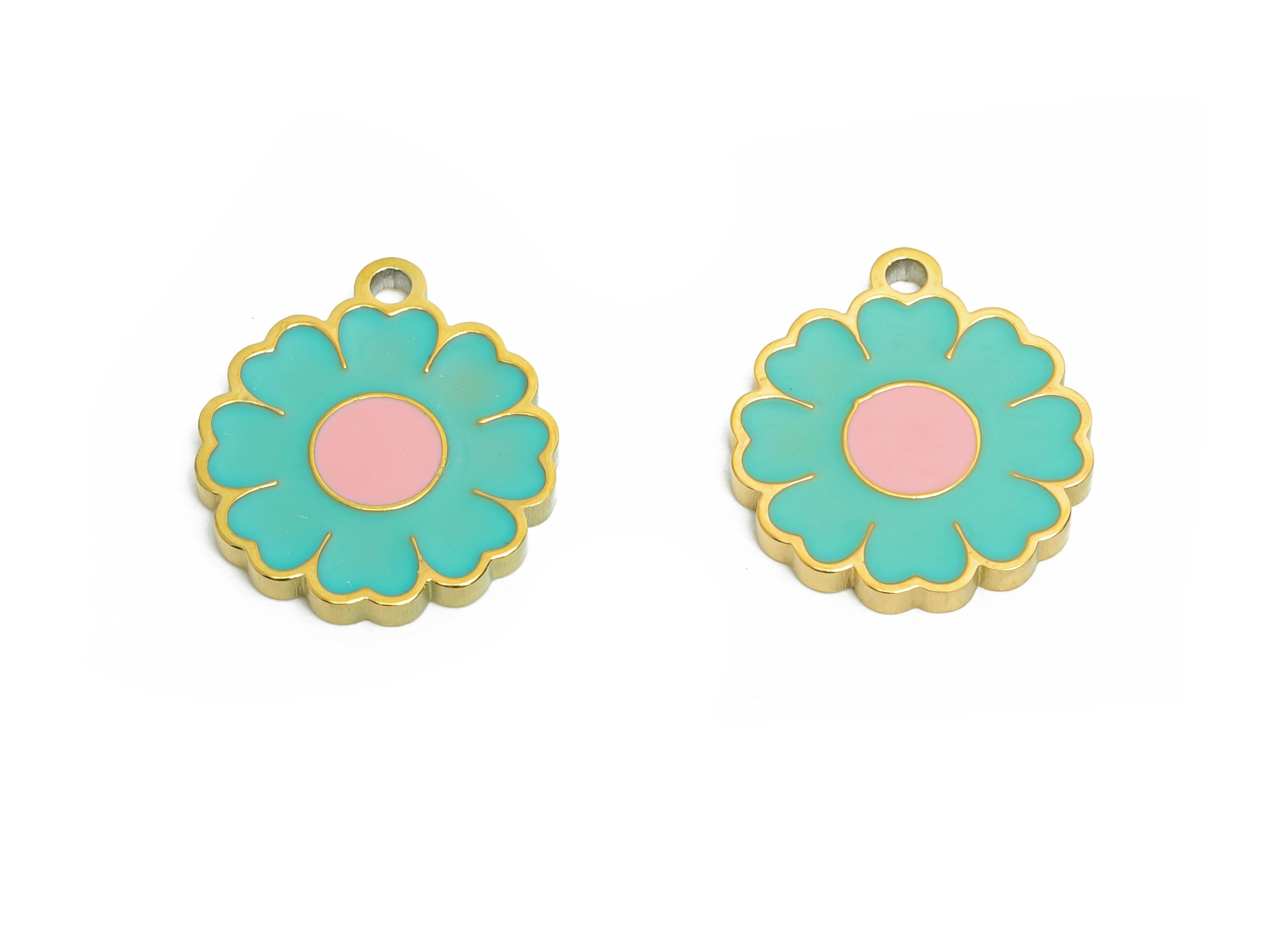 Stainless Steel Daisy Charm - Enamel Flower Botanical Charm for Bracelet - 316L Stainless Steel - Steel Jewelry - 13.8x12.26x1.38mm - SS1622 - DOMEDBAZAAR