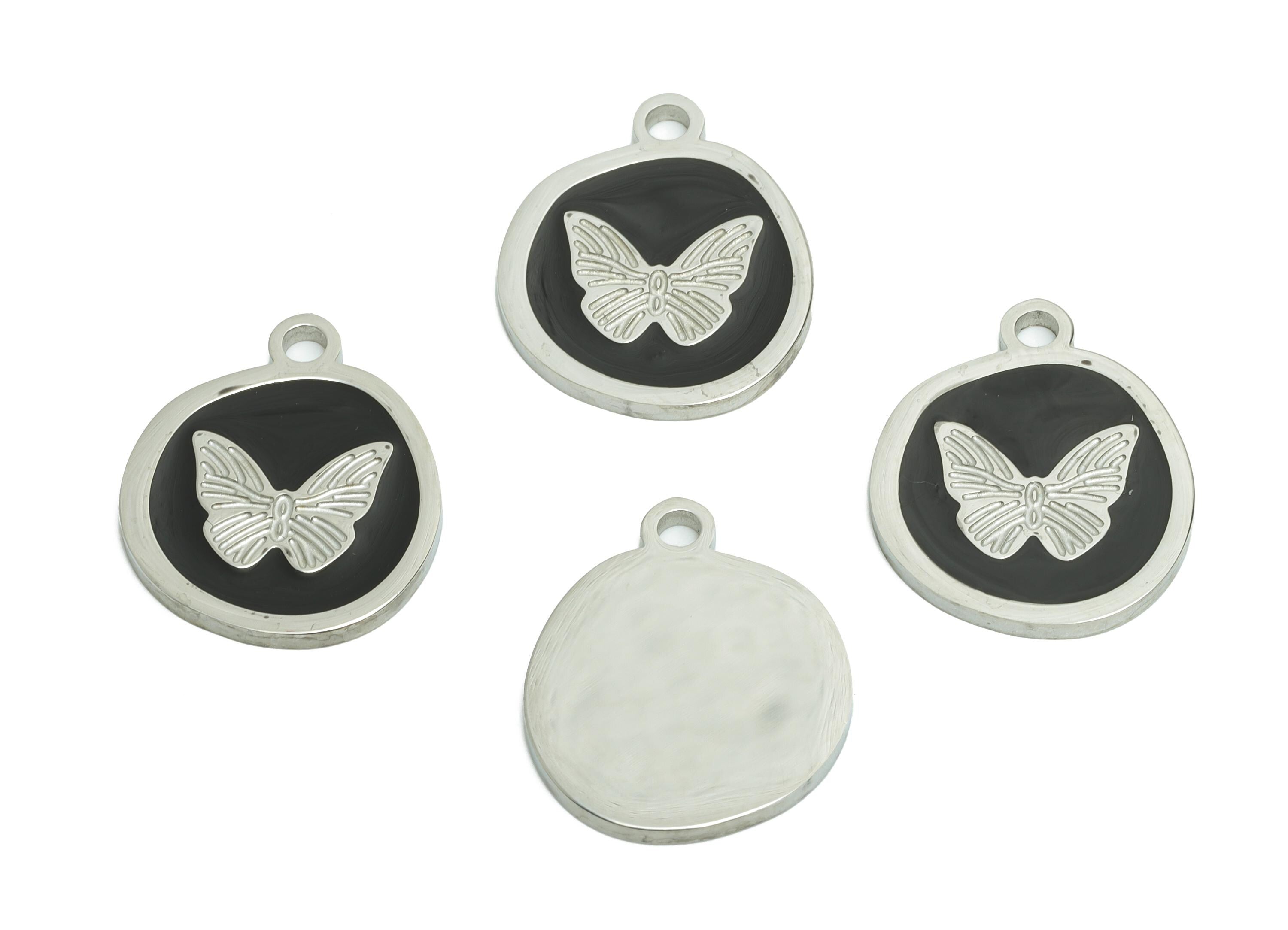Stainless Steel Butterfly Charms - Dainty Enamel Black Pendant - Modern Butterfly Enamel Charm - Whimsical Jewelry - 17x15x1.36mm - SS1630 - DOMEDBAZAAR