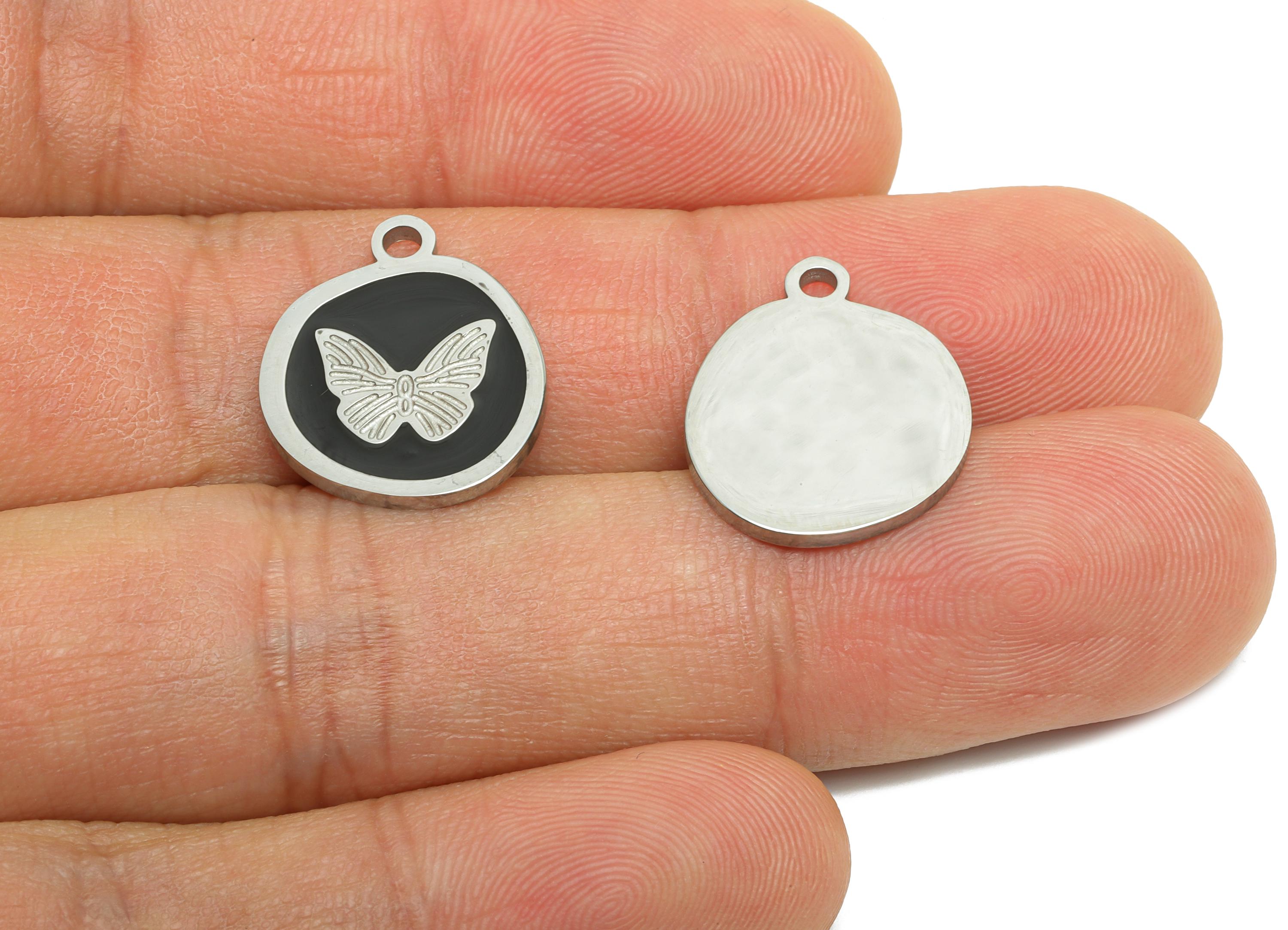 Stainless Steel Butterfly Charms - Dainty Enamel Black Pendant - Modern Butterfly Enamel Charm - Whimsical Jewelry - 17x15x1.36mm - SS1630 - DOMEDBAZAAR