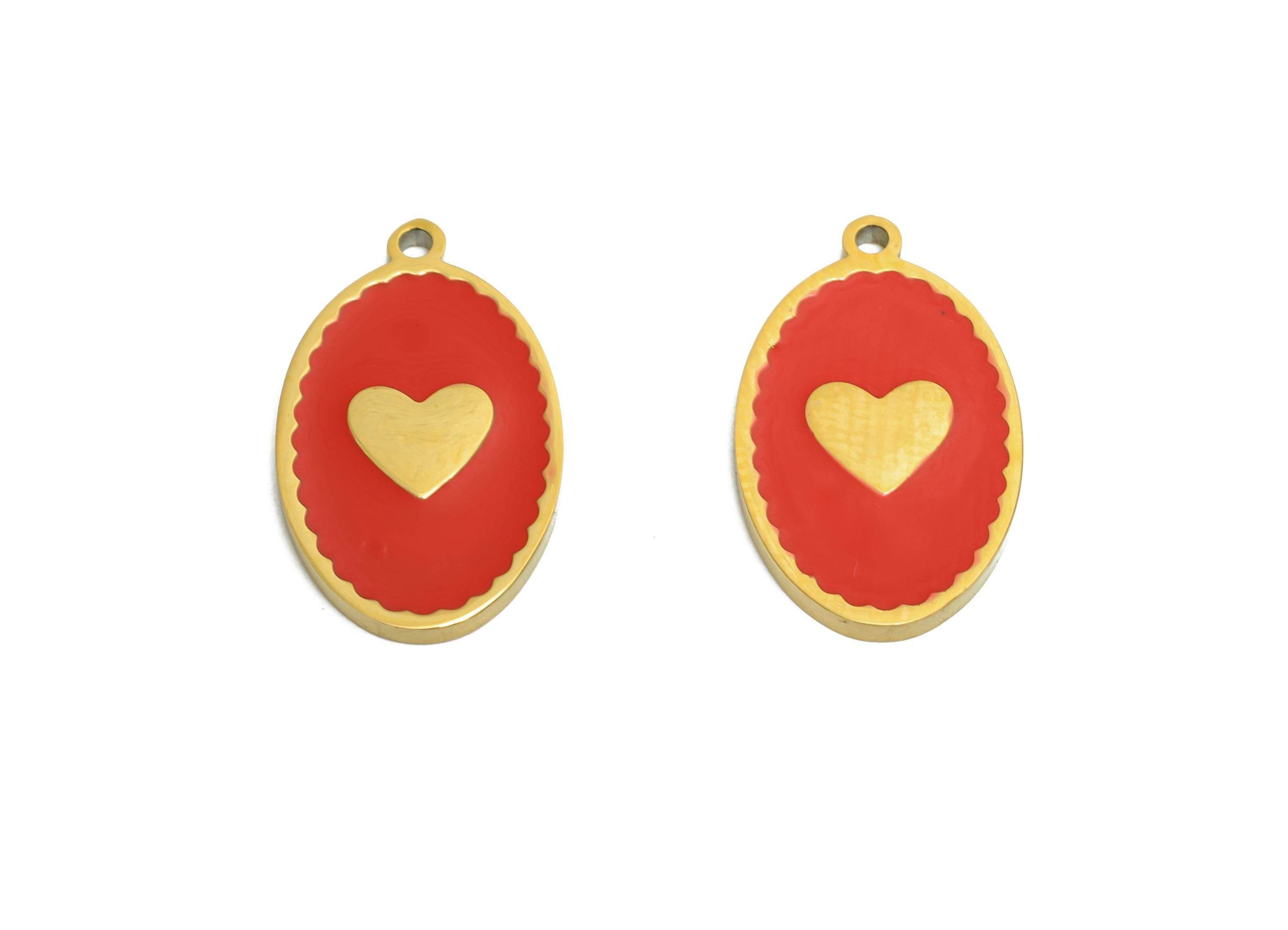 Stainless Steel Heart Charm - Elegant Oval Red Enamel Heart Pendant - 316L Stainless Steel - Elegant Steel Jewelry - 18.1x11x1.37mm - SS1614 - DOMEDBAZAAR