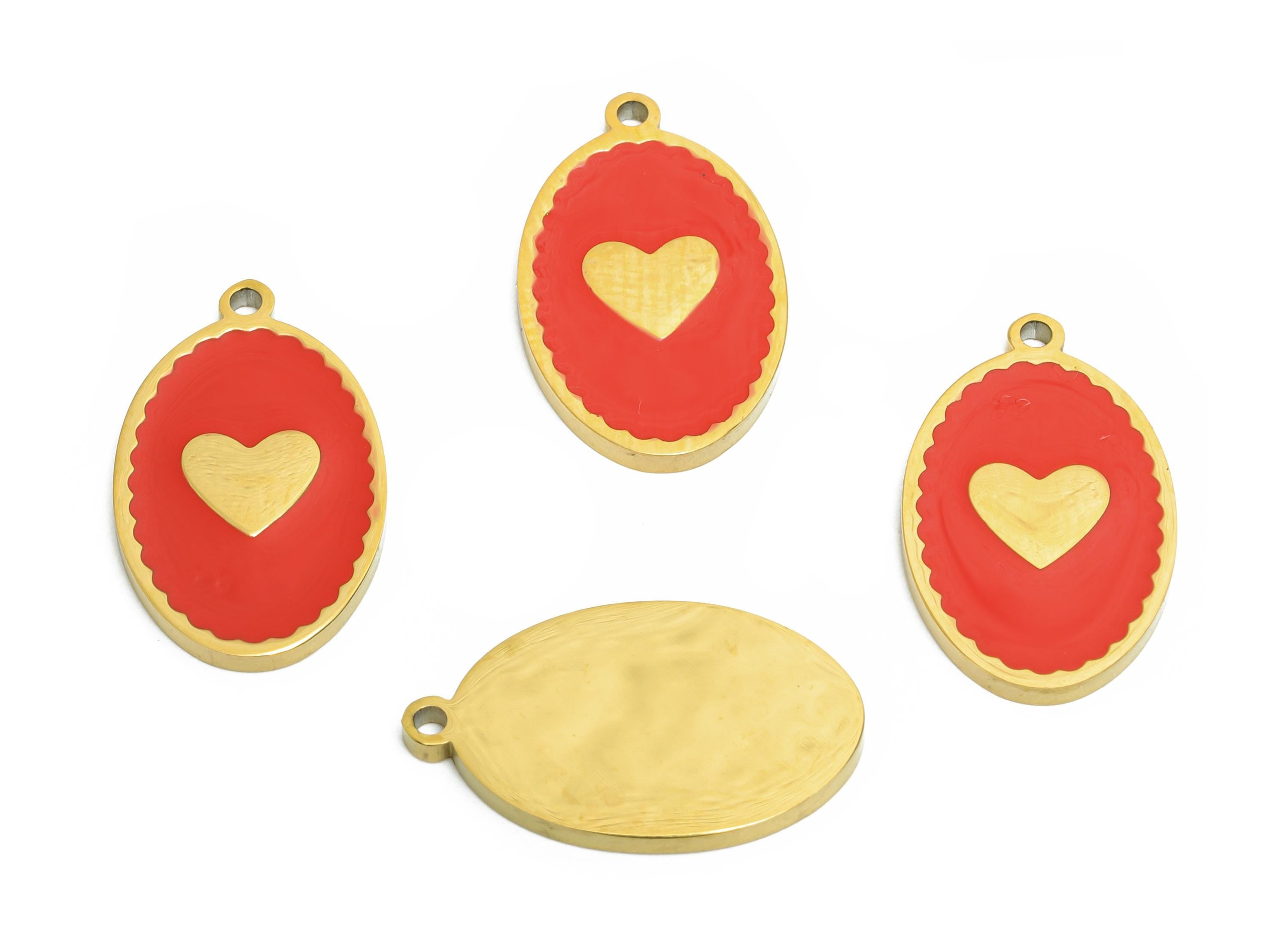 Stainless Steel Heart Charm - Elegant Oval Red Enamel Heart Pendant - 316L Stainless Steel - Elegant Steel Jewelry - 18.1x11x1.37mm - SS1614 - DOMEDBAZAAR