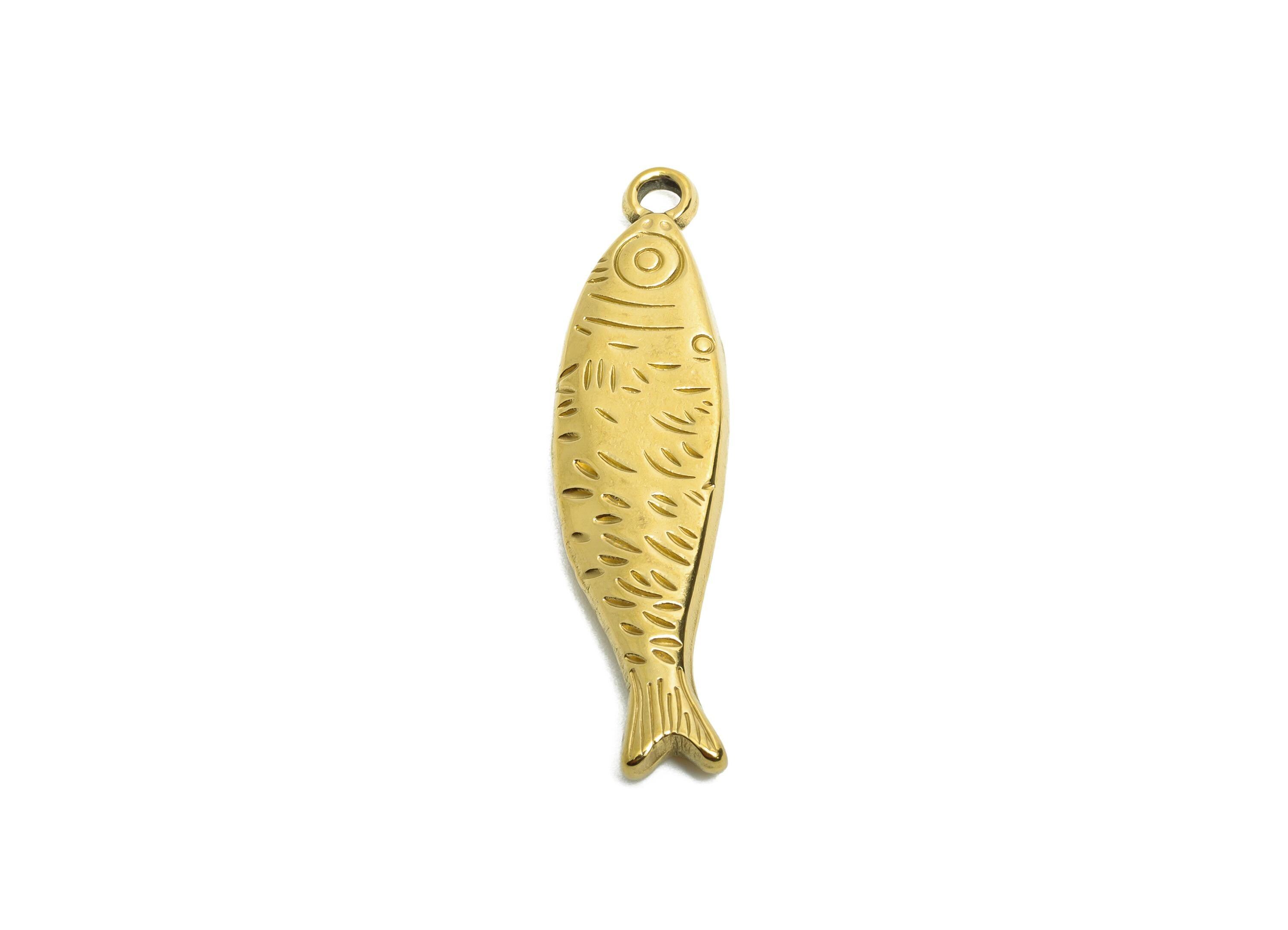 Stainless Steel Fish Charms - Textured Marine Fish Pendant - 316L Stainless Steel - Minimalist Steel Finding - 40.57x10.37x3.63mm - SS1609 - DOMEDBAZAAR