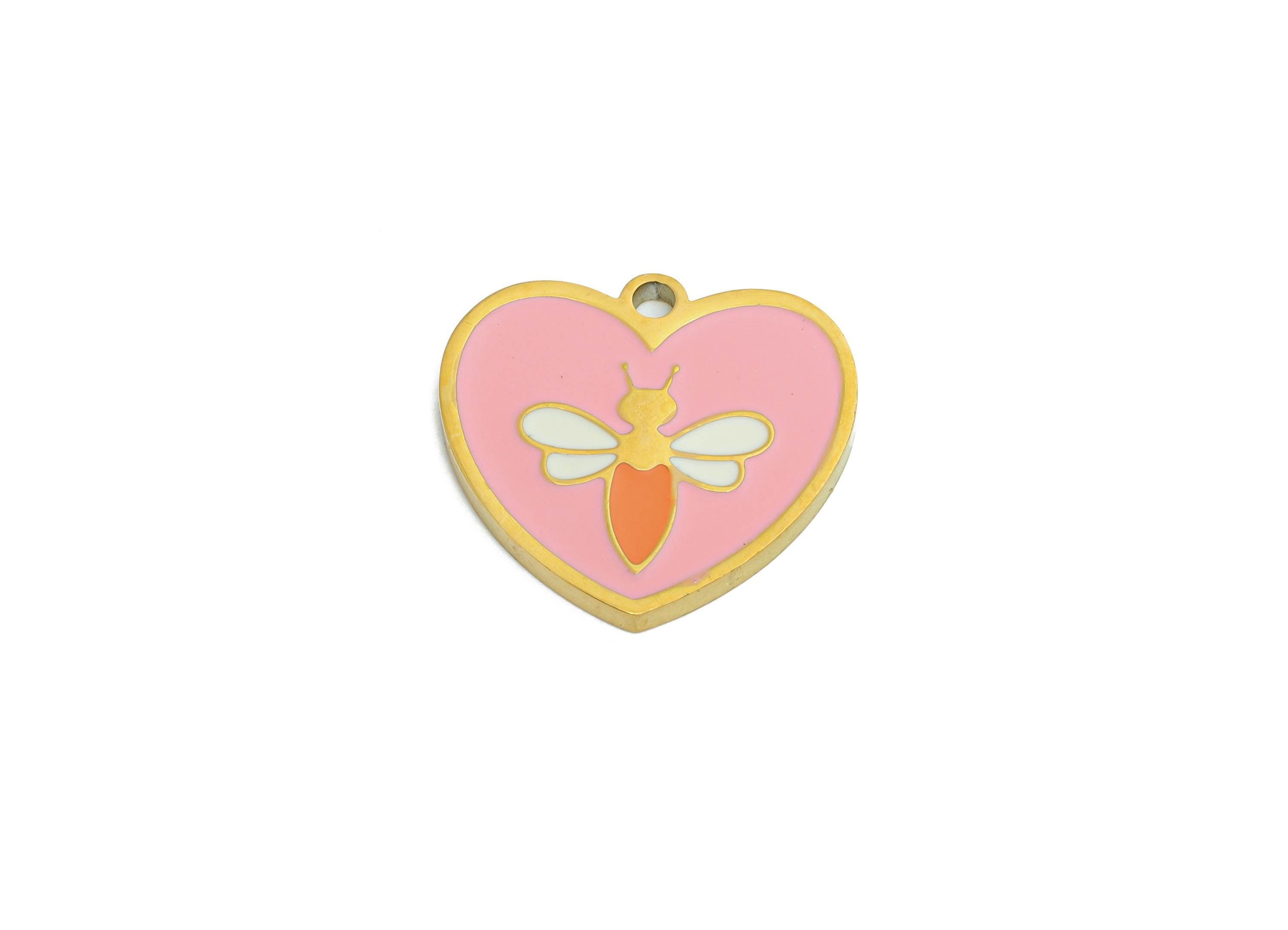 Stainless Steel Heart Charms - Dainty Enamel Heart Bee Pendant - Modern Pink Bee Motif Pendant - Whimsical Jewelry - 14x15.1x1.36mm - SS1666 - DOMEDBAZAAR