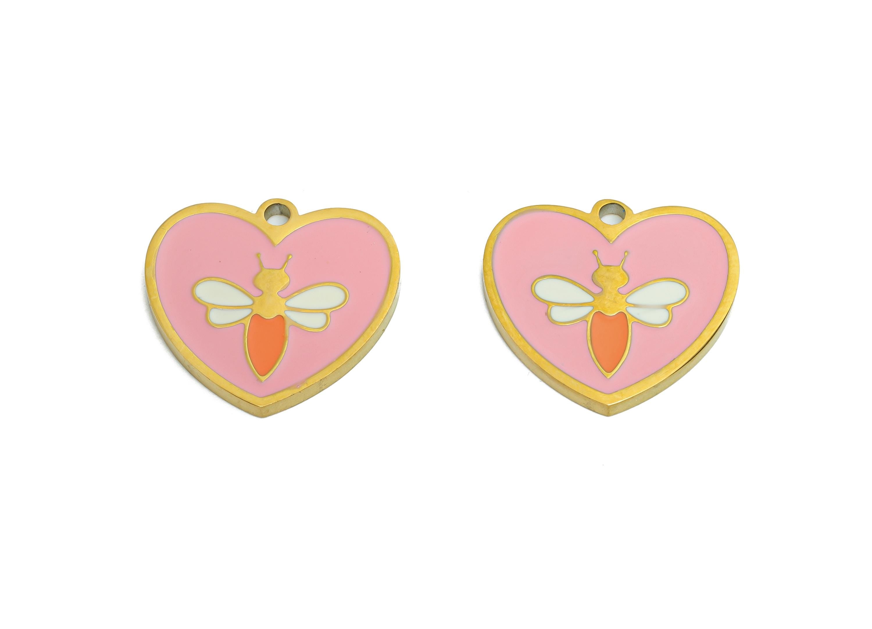 Stainless Steel Heart Charms - Dainty Enamel Heart Bee Pendant - Modern Pink Bee Motif Pendant - Whimsical Jewelry - 14x15.1x1.36mm - SS1666 - DOMEDBAZAAR