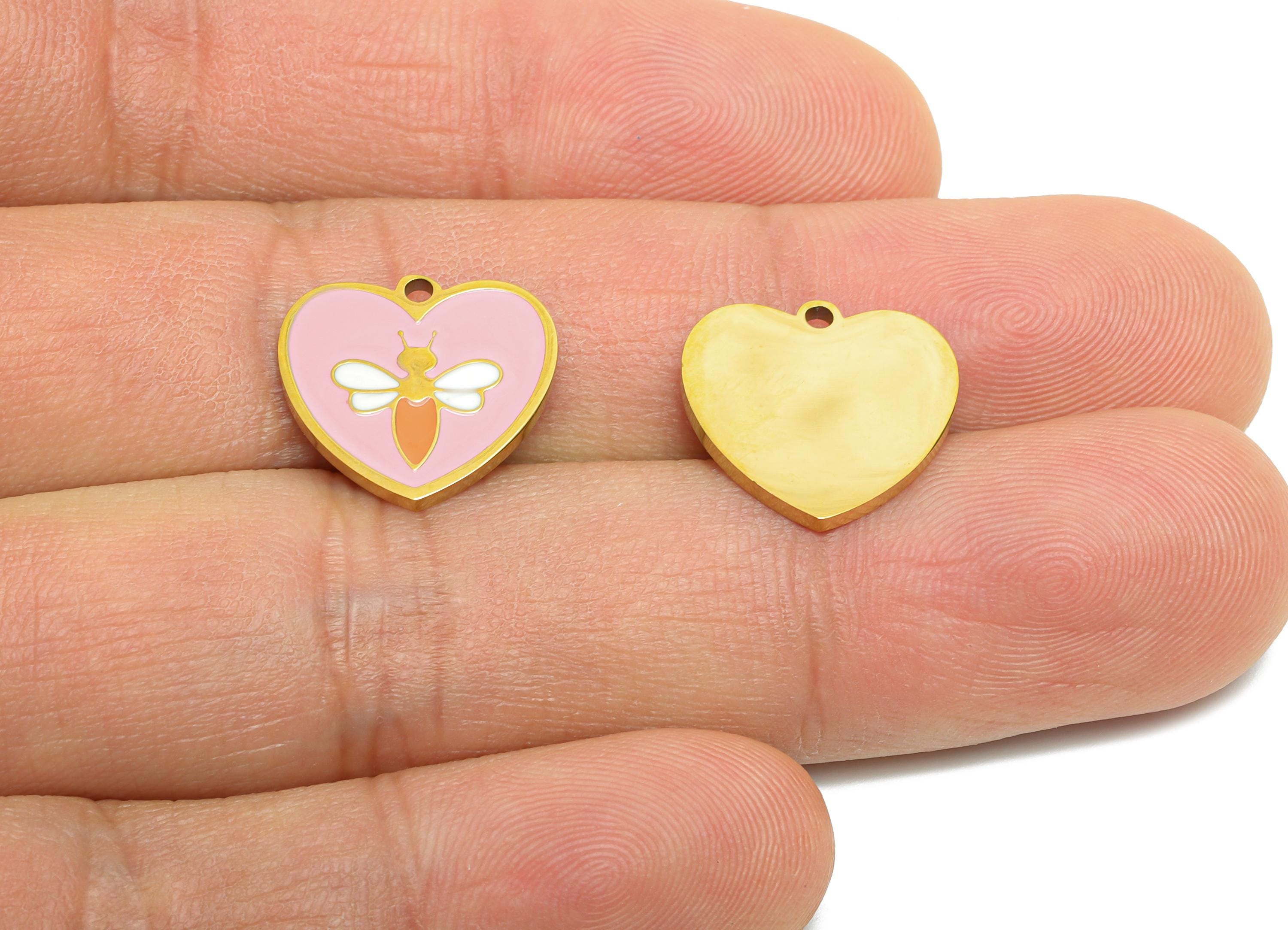 Stainless Steel Heart Charms - Dainty Enamel Heart Bee Pendant - Modern Pink Bee Motif Pendant - Whimsical Jewelry - 14x15.1x1.36mm - SS1666 - DOMEDBAZAAR
