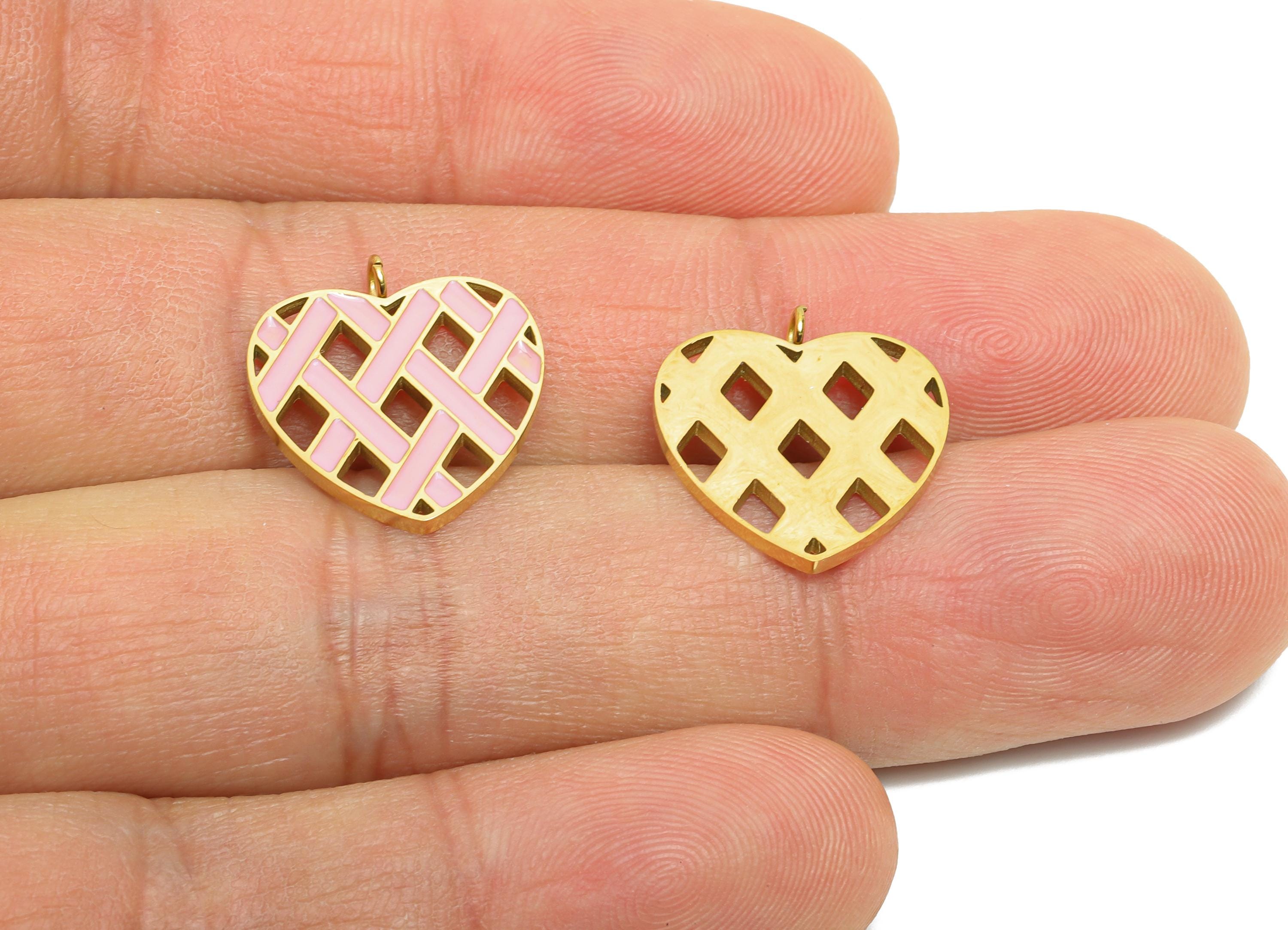 Stainless Steel Heart Charms - Enamel Heart Lattice Pendant - Modern Heart Pendant - Minimalist Pink Heart Charm - 17x15x1mm - SS1667 - DOMEDBAZAAR