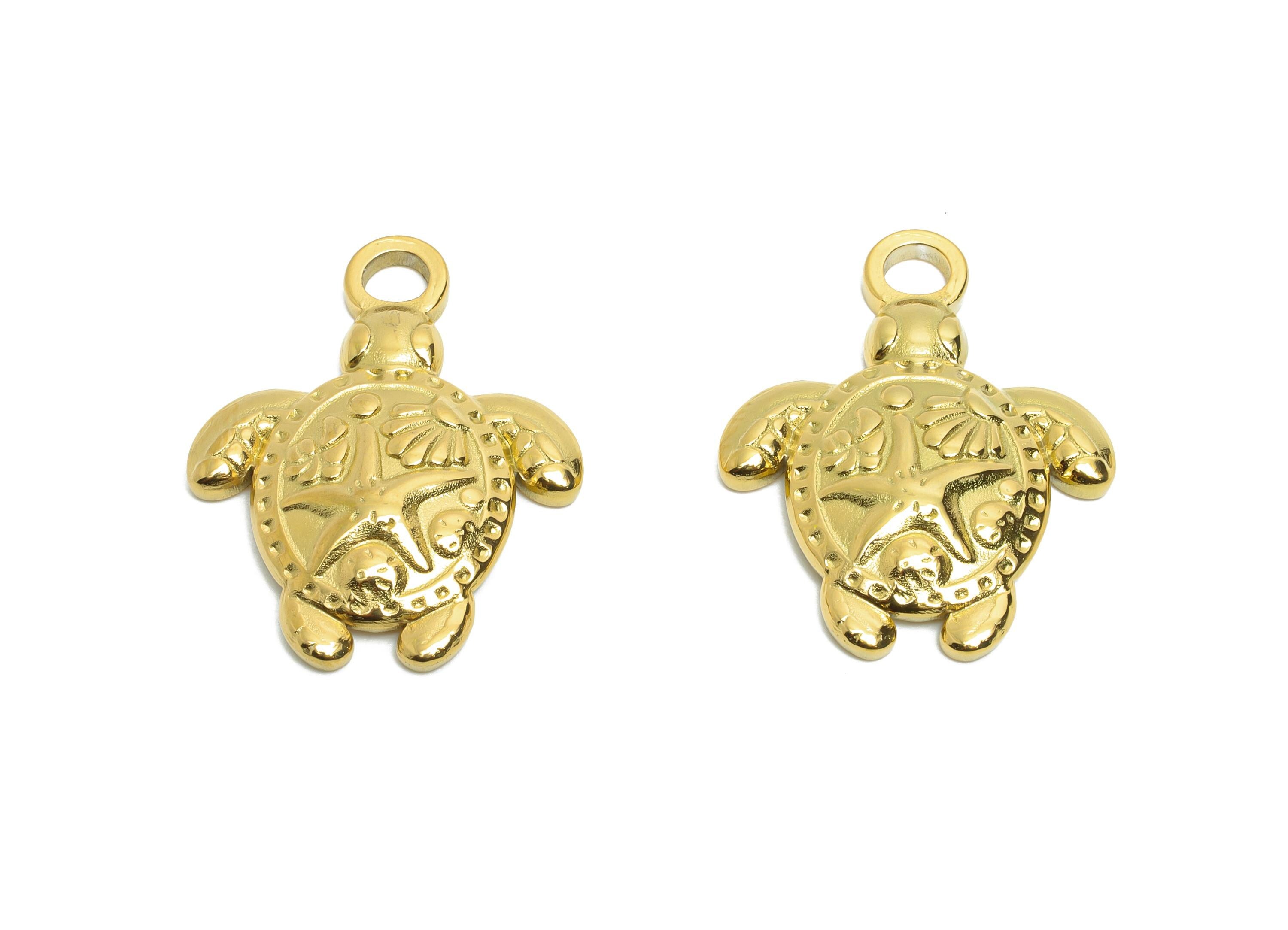 Steel Turtle Charms - Marine Animal Pendant - Sea Turtle Pendant - Stainless Steel Nautical Starfish and Seashell - 22x18x3.2mm - SS1651 - DOMEDBAZAAR