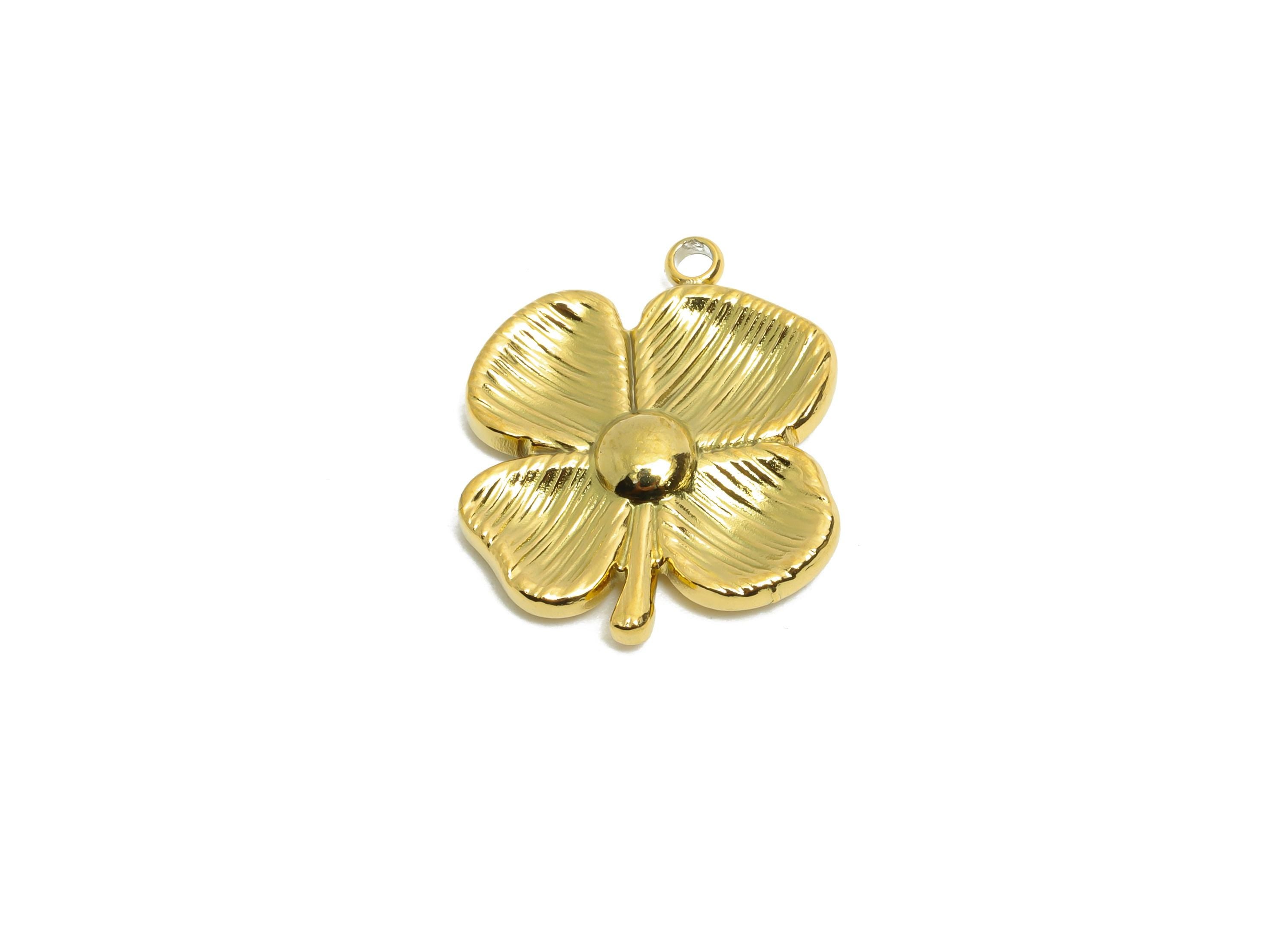 Steel Flower Charm - Gold Color Textured Floral Pendant - Lucky Clover Pendant - Steel Four-Leaf Clover Charm - 17x15x2mm - SS1641 - DOMEDBAZAAR