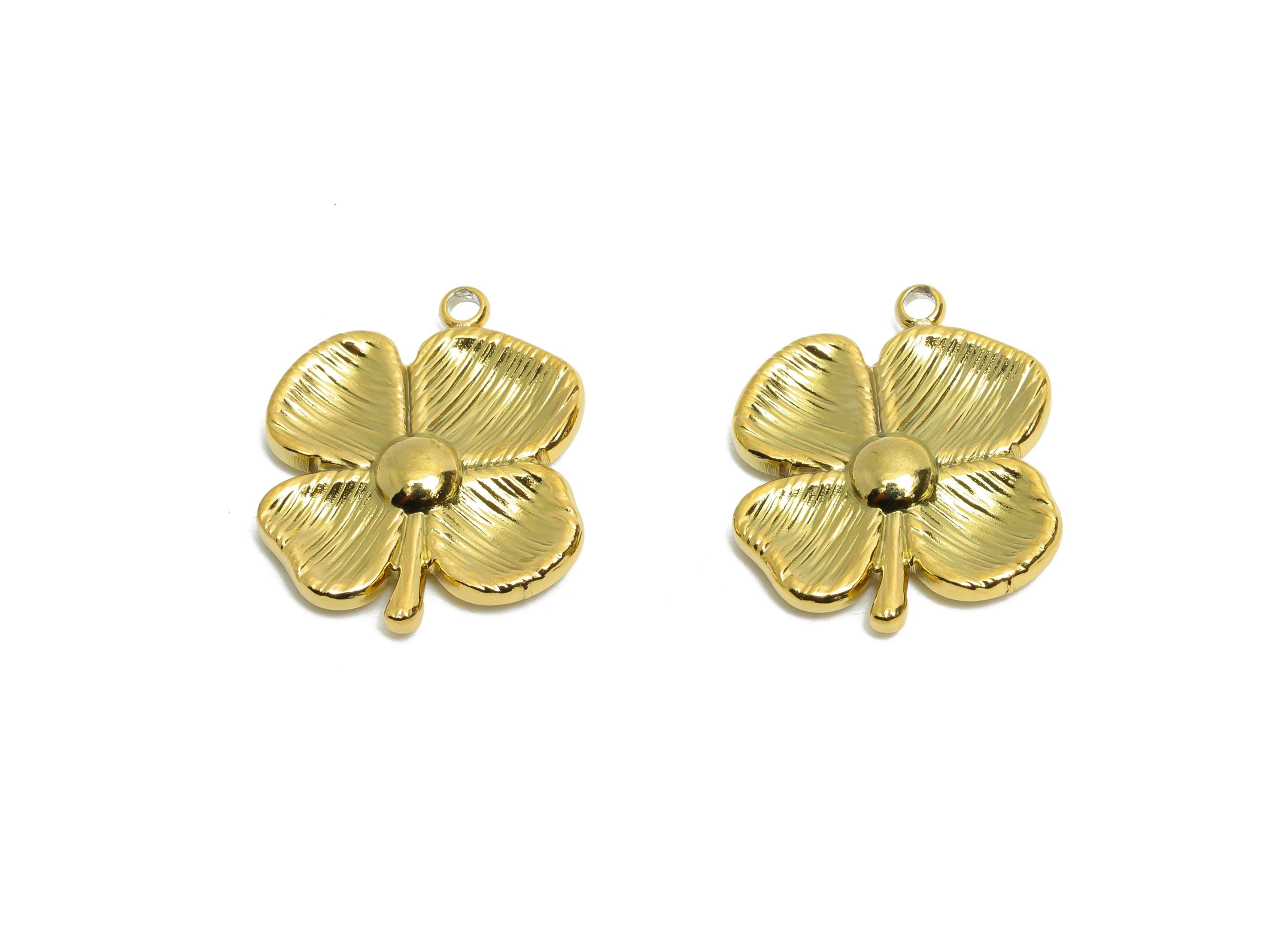 Steel Flower Charm - Gold Color Textured Floral Pendant - Lucky Clover Pendant - Steel Four-Leaf Clover Charm - 17x15x2mm - SS1641 - DOMEDBAZAAR