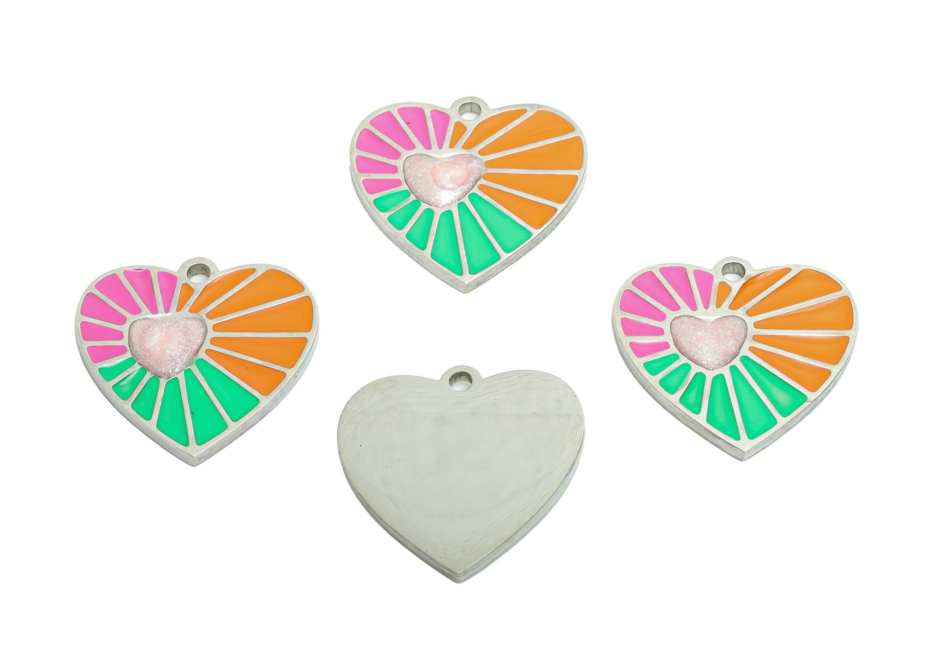 Stainless Steel Heart Charm - Bright Enamel Colorful Pendant - Sunburst Pattern Heart Pendant - Artistic Multicolor Charm - 16x17x1mm-SS1611 - DOMEDBAZAAR