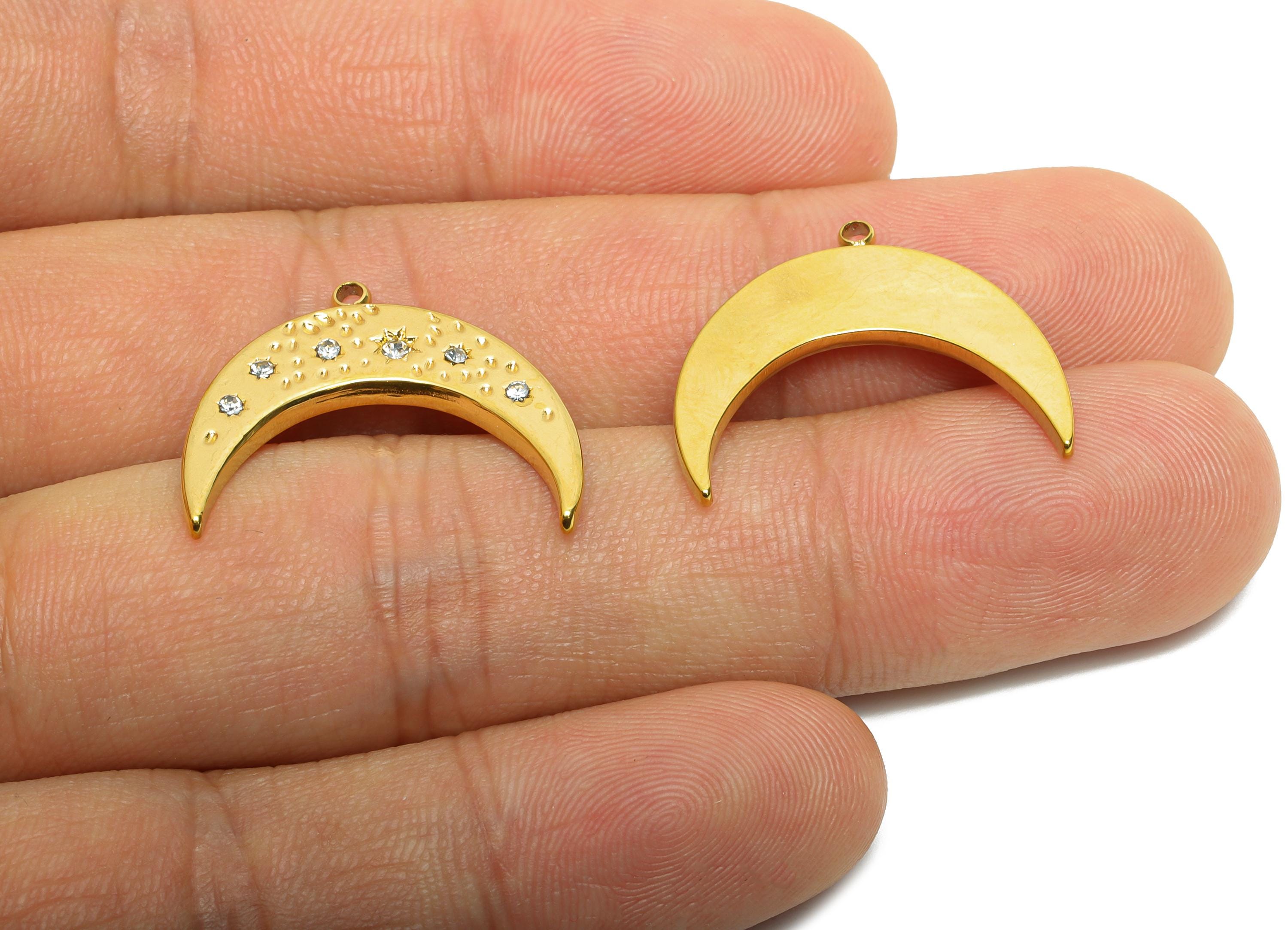 Stainless Steel Crescent Charms - Sparkling Celestial CZ Moon Pendant - 316L Stainless Steel - Steel Finding - 22.96x17.7x2.17mm - SS1610 - DOMEDBAZAAR