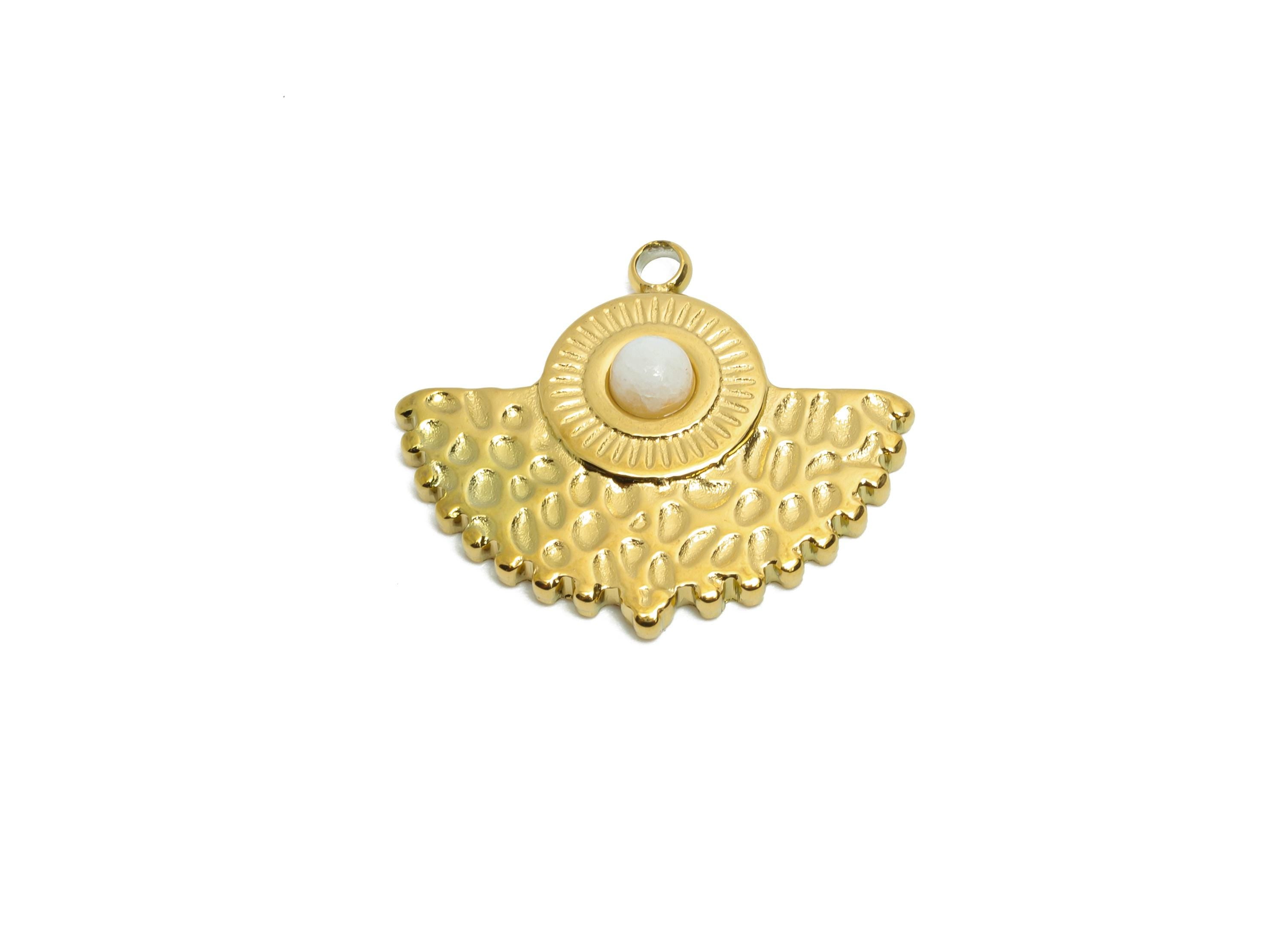 Stainless Steel Fan Charms - Hammered Winged Natural Stone Charm - Textured Fan Pendant - Minimalist Jewelry - 16.74x19.12x3.57mm - SS1612 - DOMEDBAZAAR