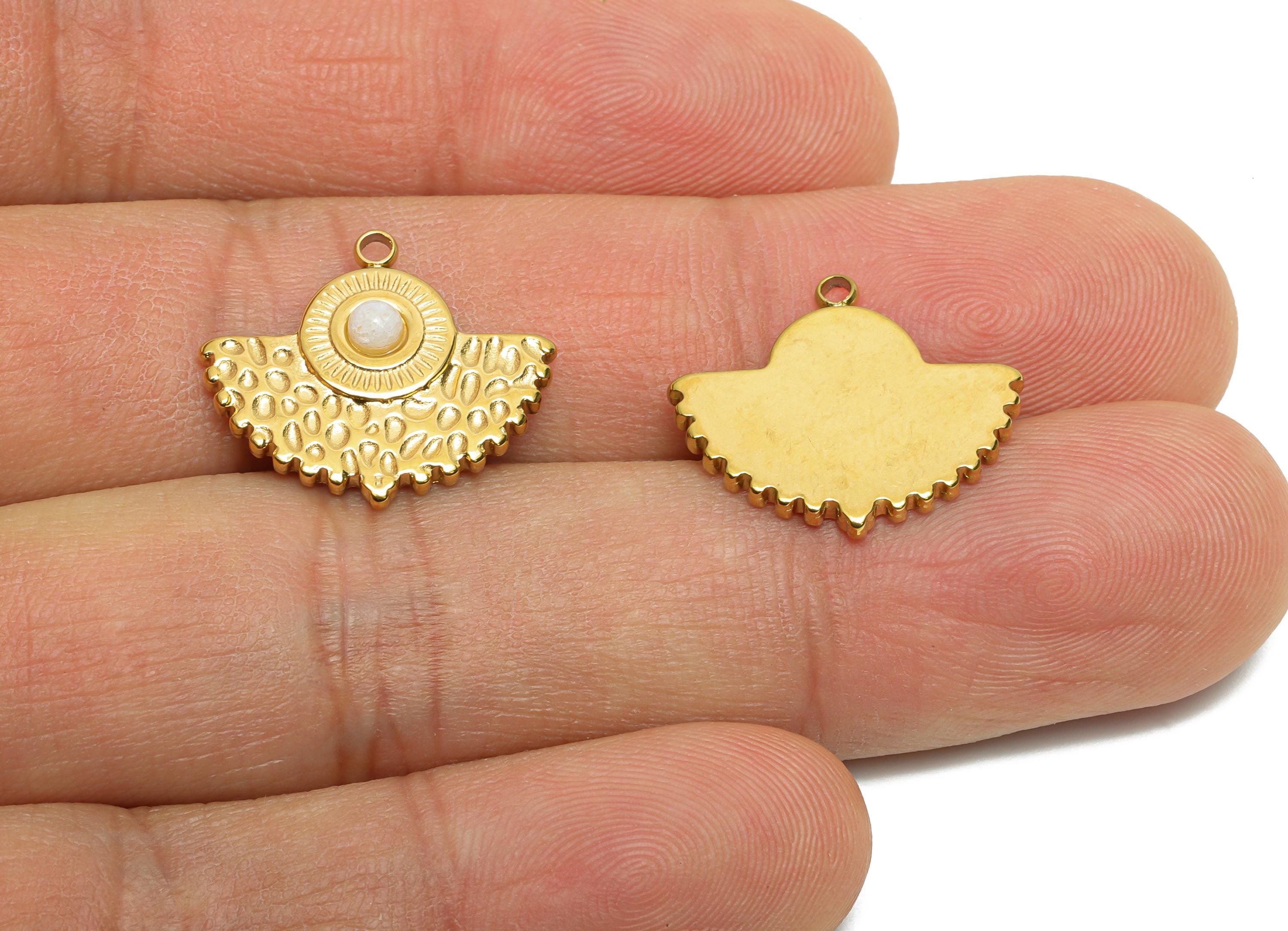 Stainless Steel Fan Charms - Hammered Winged Natural Stone Charm - Textured Fan Pendant - Minimalist Jewelry - 16.74x19.12x3.57mm - SS1612 - DOMEDBAZAAR