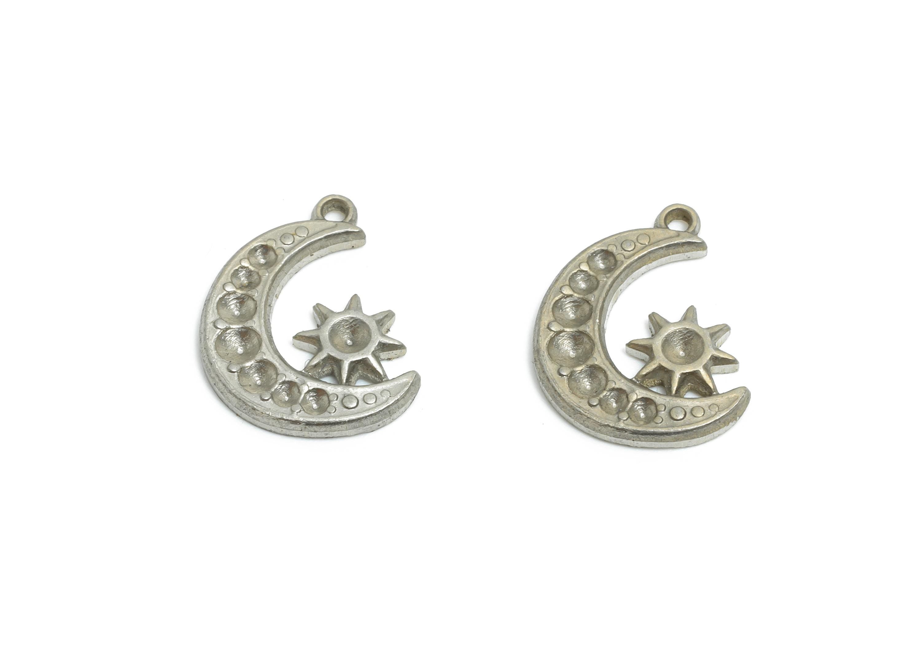 Stainless Steel Crescent Charm - Textured Celestial Sun and Moon Pendant - 304 Stainless Steel - Steel Accessory - 14.8x10.67x1.58mm -SS2009 - DOMEDBAZAAR