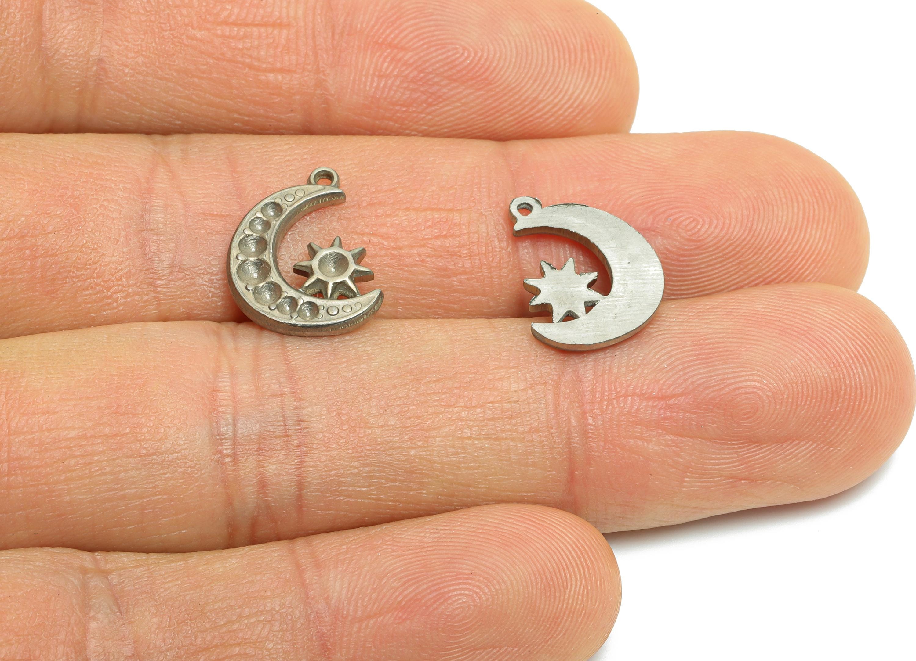 Stainless Steel Crescent Charm - Textured Celestial Sun and Moon Pendant - 304 Stainless Steel - Steel Accessory - 14.8x10.67x1.58mm -SS2009 - DOMEDBAZAAR