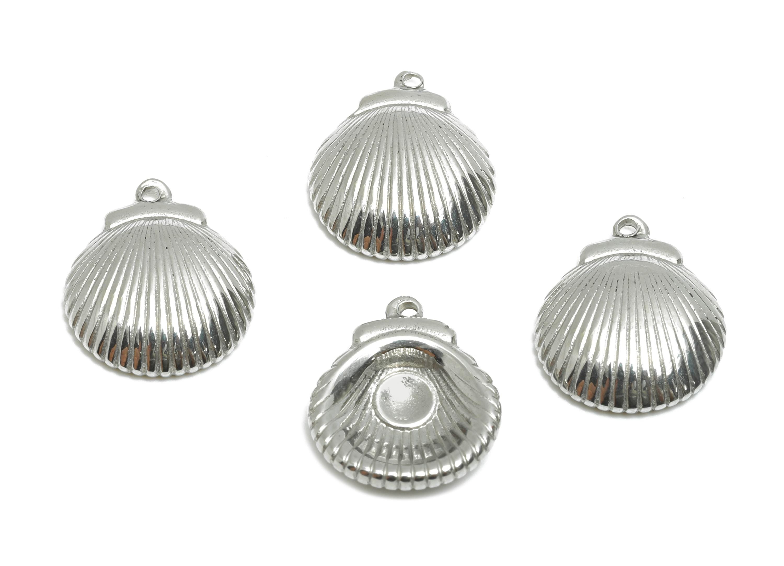 Stainless Steel Shell Charm - Textured Silver Shell Necklace Pendant - 304 Stainless Steel - Minimalist Jewelry - 14.87x13.39x3.7mm - SS1995 - DOMEDBAZAAR