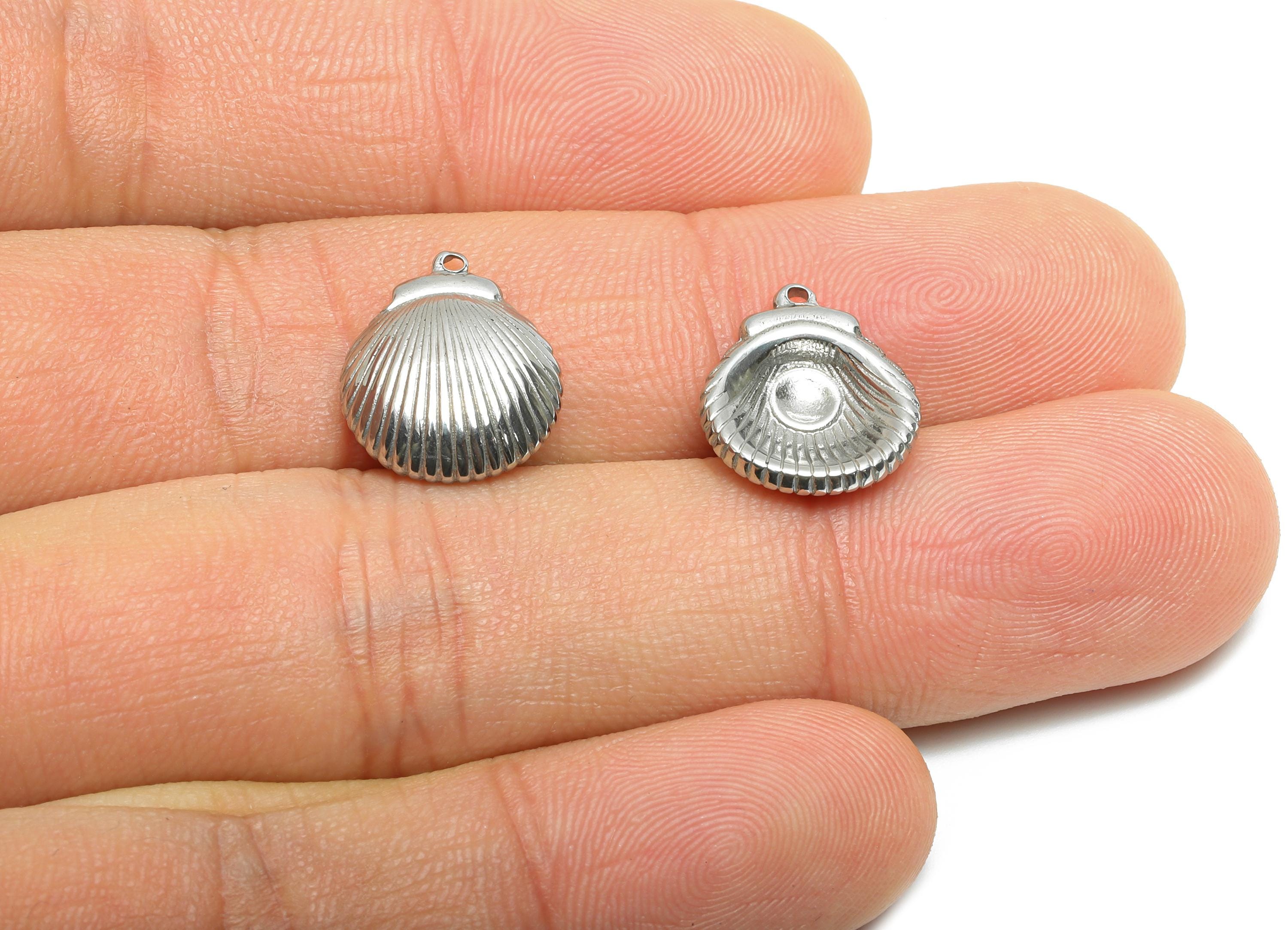 Stainless Steel Shell Charm - Textured Silver Shell Necklace Pendant - 304 Stainless Steel - Minimalist Jewelry - 14.87x13.39x3.7mm - SS1995 - DOMEDBAZAAR