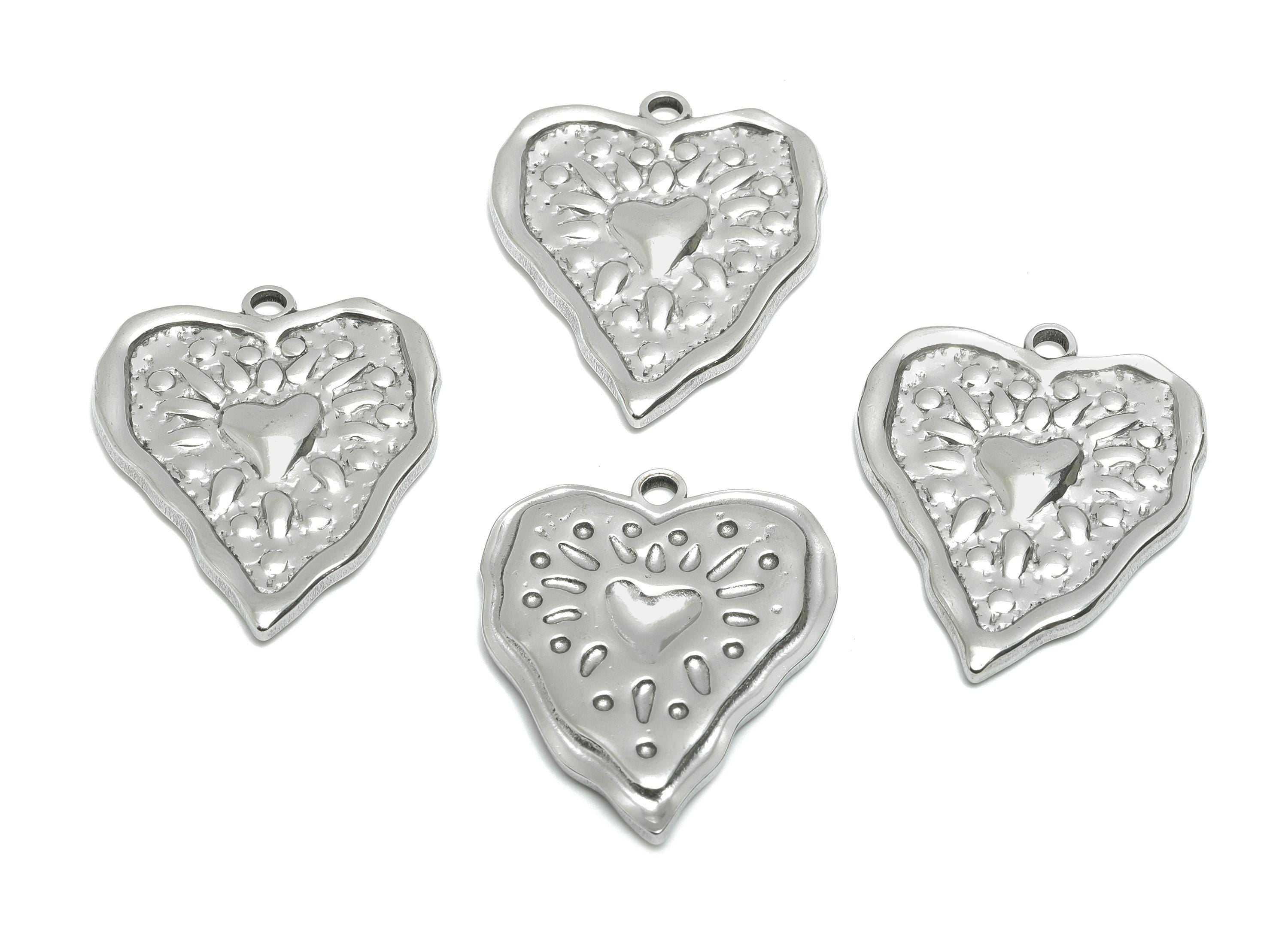 Stainless Steel Heart Charms - Hammered Modern Heart Pendant for Necklace - Romantic Heart Jewelry - Steel Finding - 35.94x29x2.7mm - SS2049 - DOMEDBAZAAR