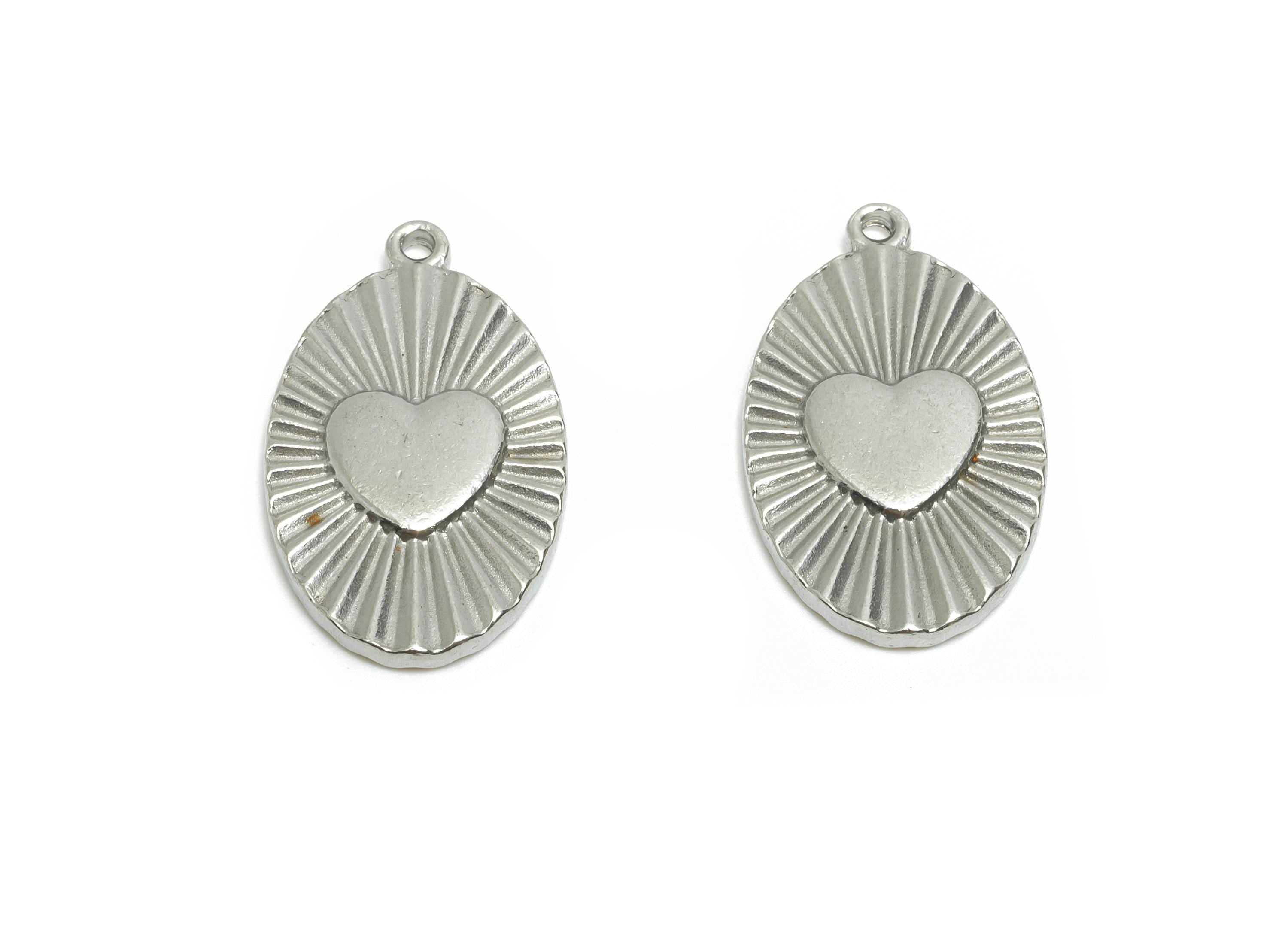 Steel Heart Oval Pendant - Stainless Steel Radiant Heart Ornament - Modern Heart and Ray Design Charm - Steel Jewelry - 20x12x1mm - SS2041 - DOMEDBAZAAR