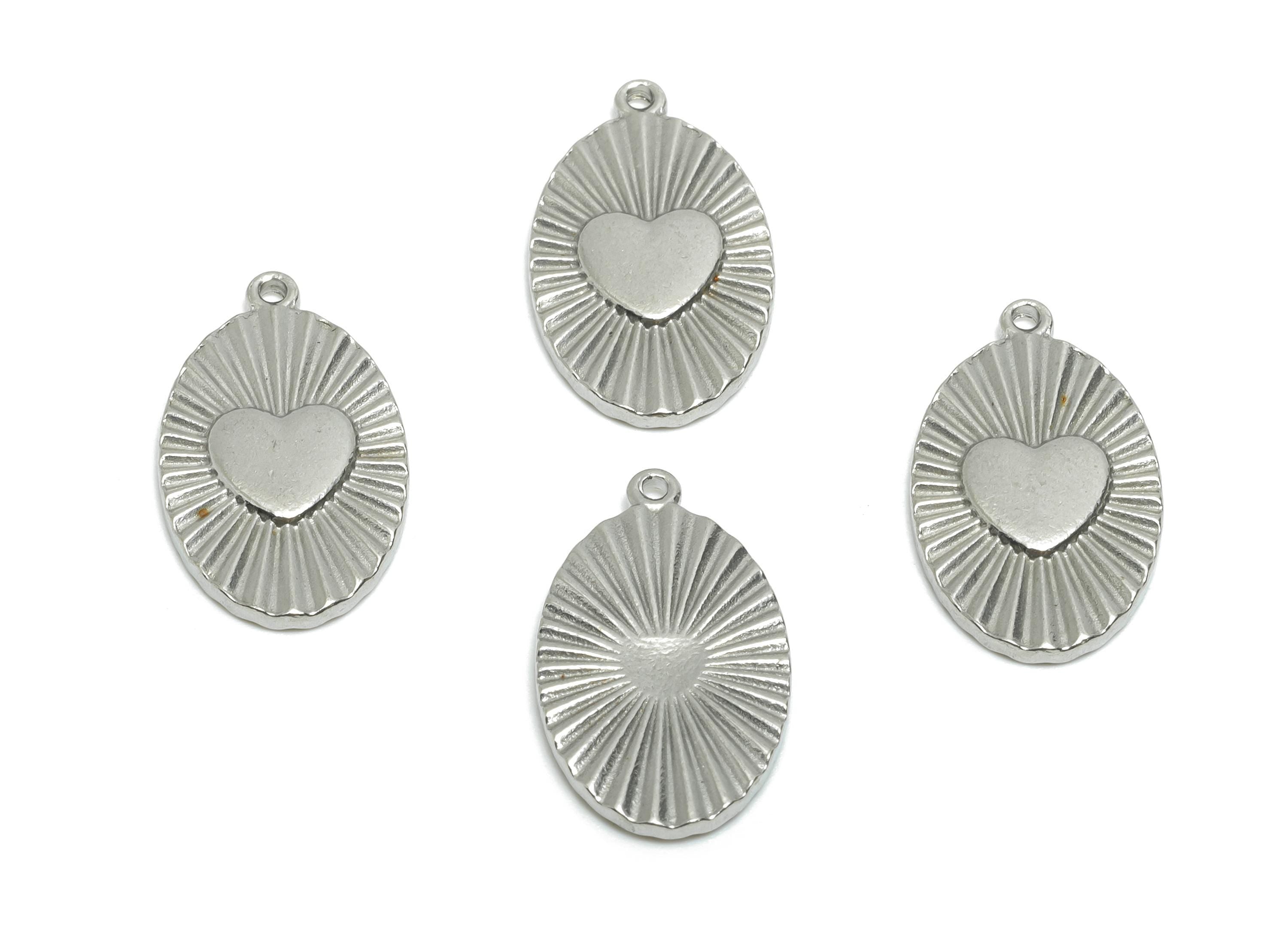 Steel Heart Oval Pendant - Stainless Steel Radiant Heart Ornament - Modern Heart and Ray Design Charm - Steel Jewelry - 20x12x1mm - SS2041 - DOMEDBAZAAR
