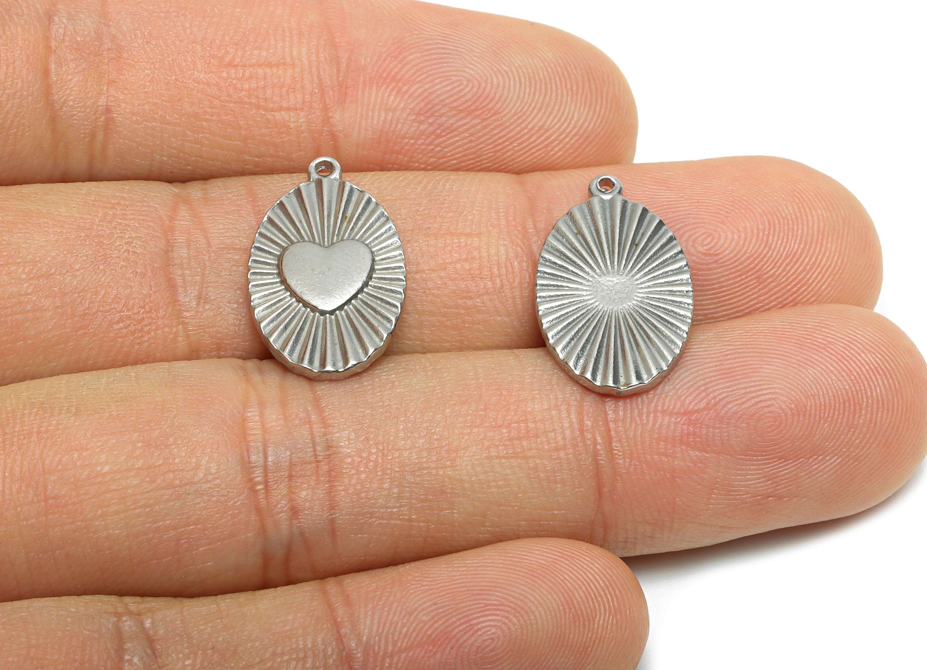 Steel Heart Oval Pendant - Stainless Steel Radiant Heart Ornament - Modern Heart and Ray Design Charm - Steel Jewelry - 20x12x1mm - SS2041 - DOMEDBAZAAR